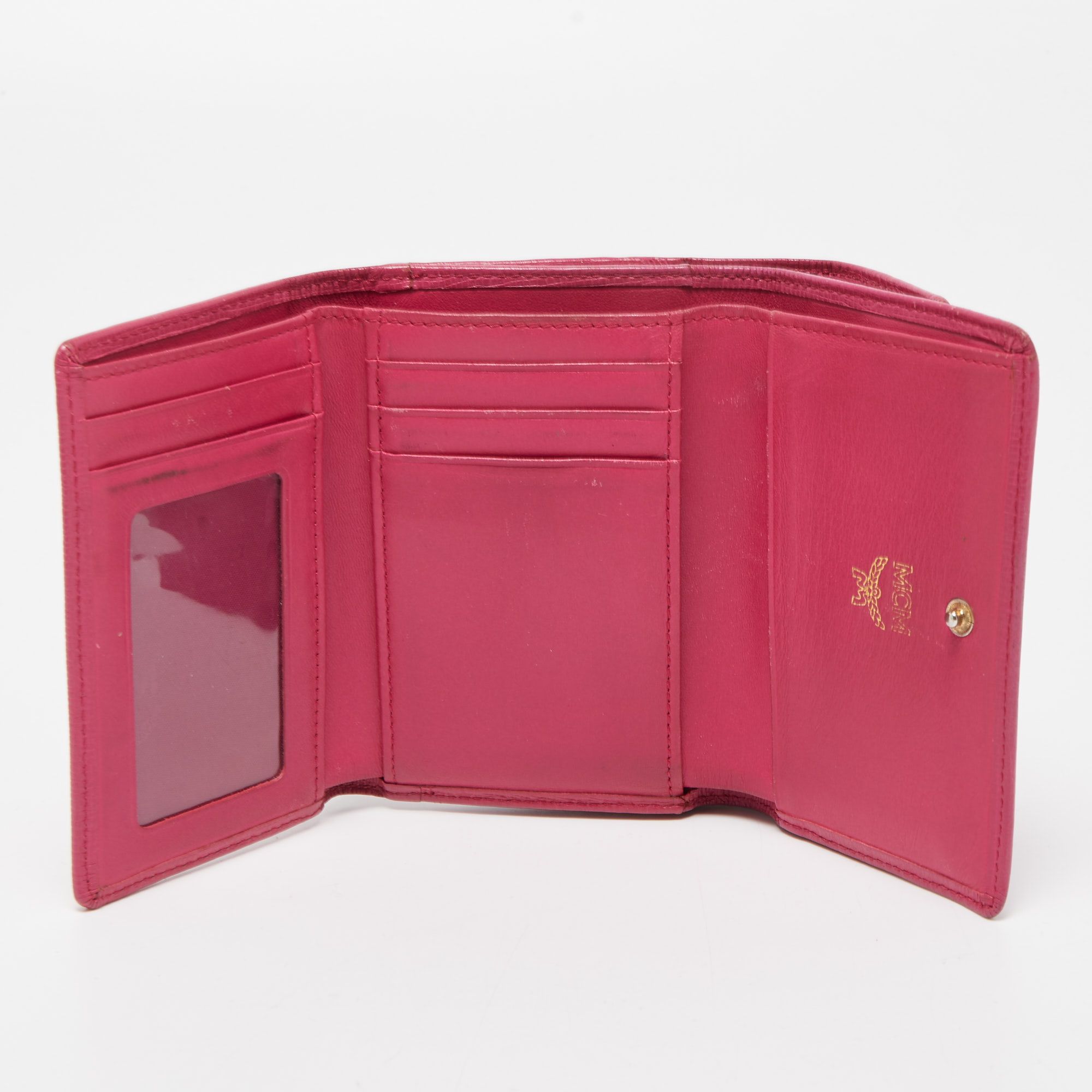 MCM Pink Leather Studded Charm Trifold Wallet