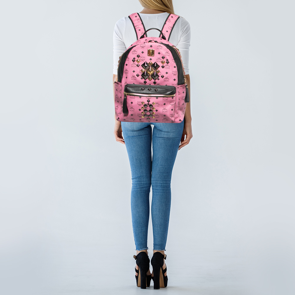 

MCM Black/Pink Visetos Leather  Studded Stark Backpack