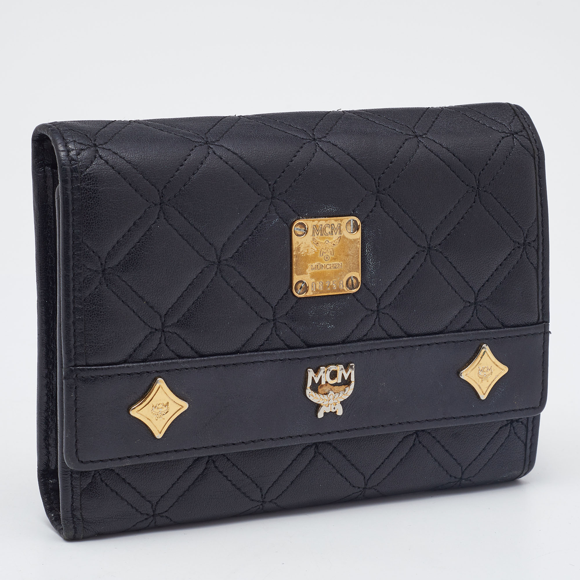MCM Black Quilted Leather Embellished Flap Compact Wallet