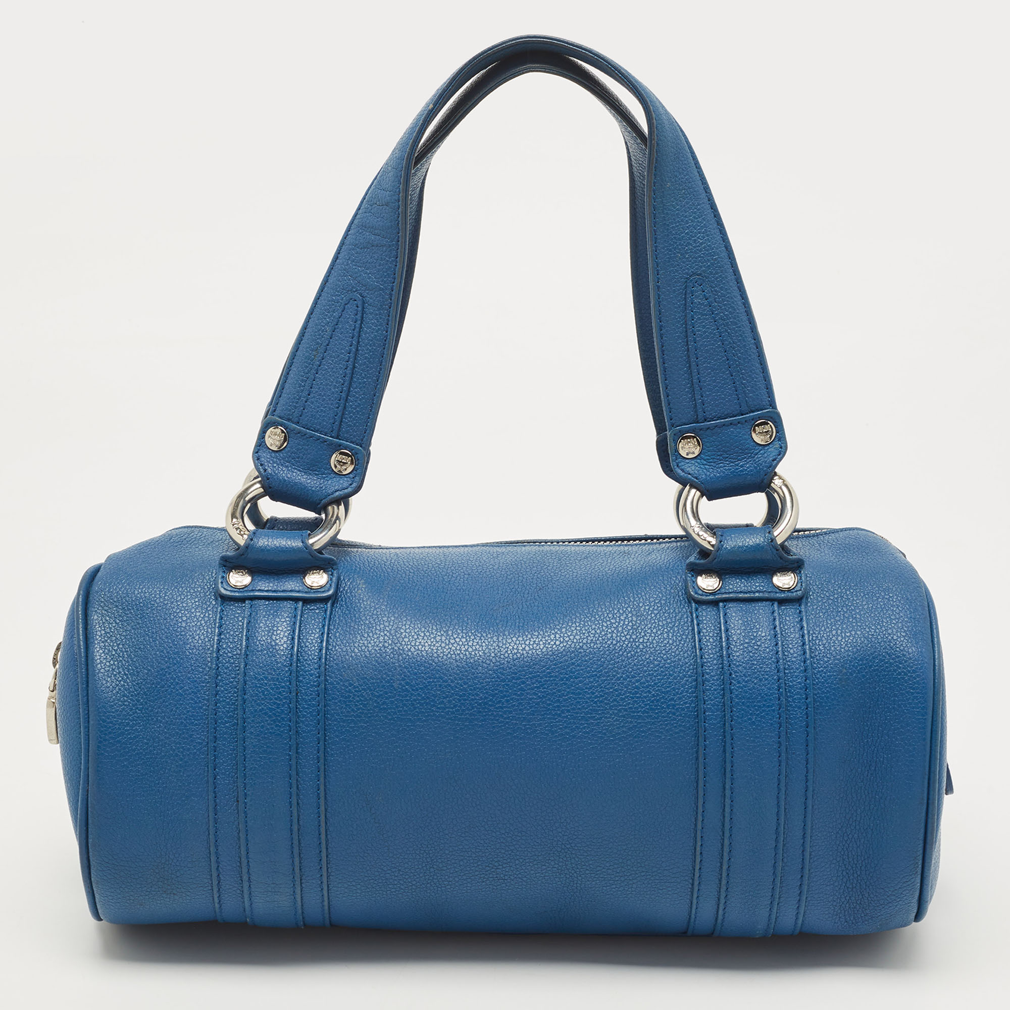 MCM Blue Leather Logo Boston Bag