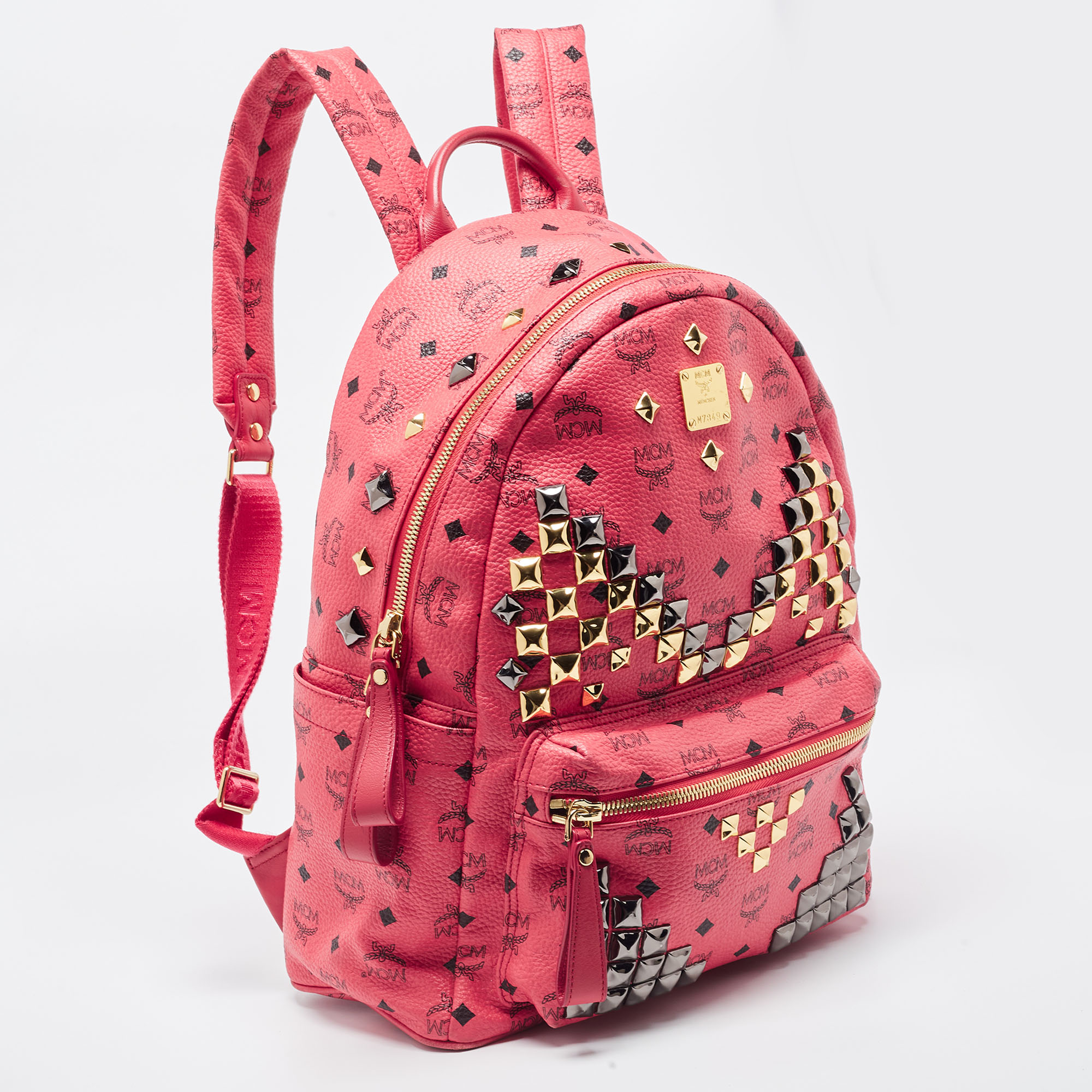MCM Pink Visetos Coated Canvas And Leather Studs Backpack