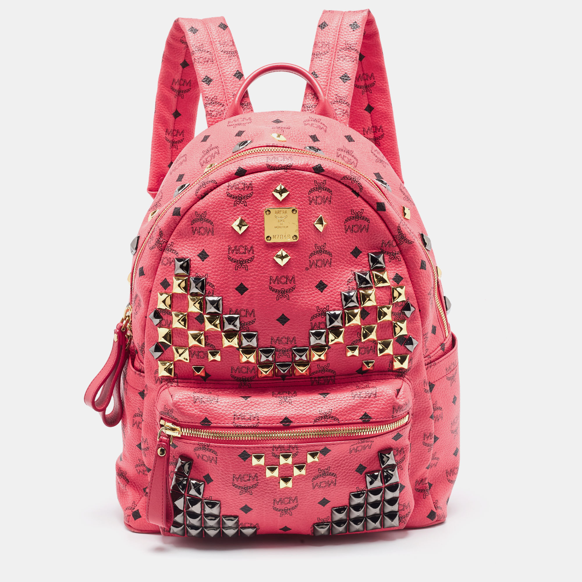 MCM Pink Visetos Coated Canvas And Leather Studs Backpack