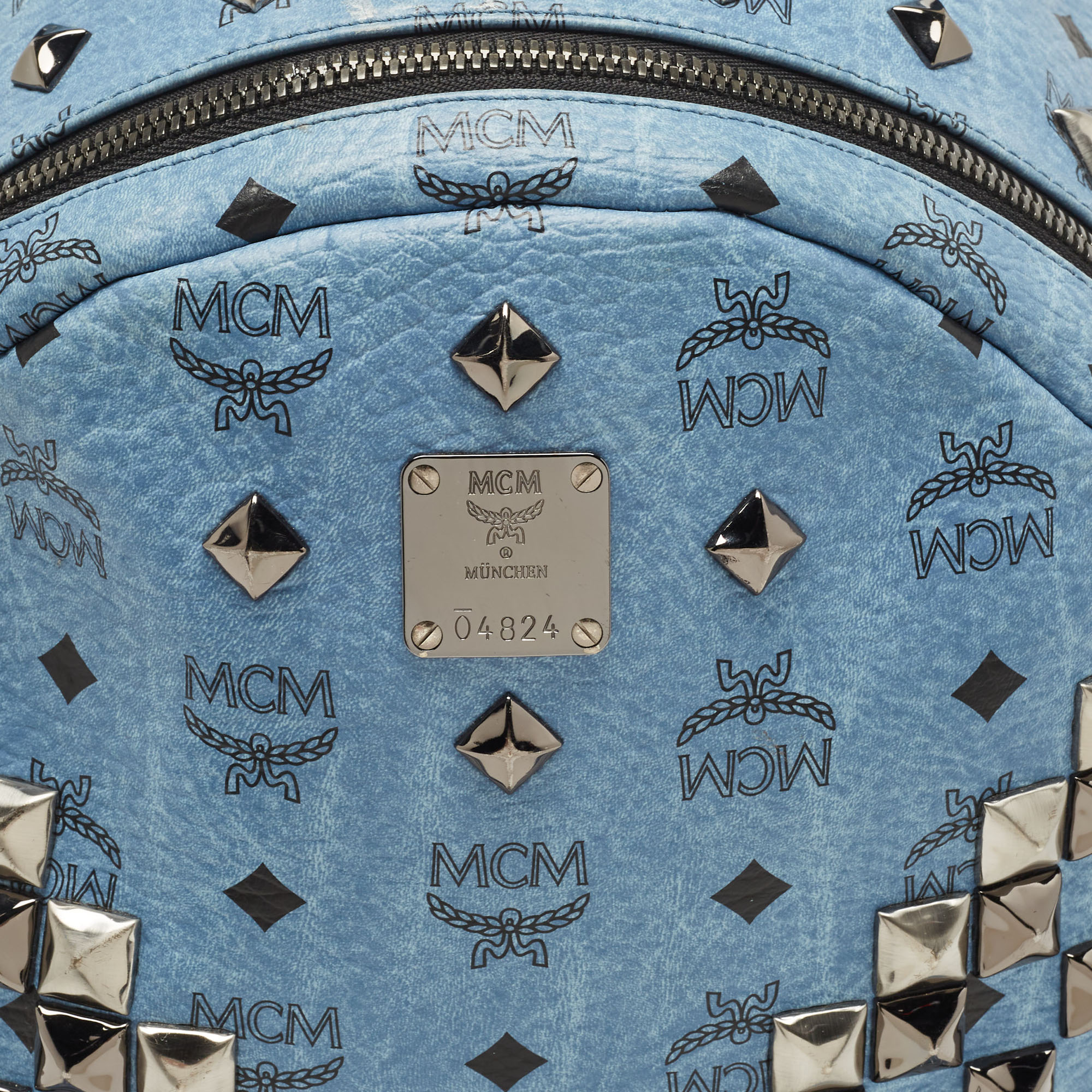 MCM Light Blue Visetos Coated Canvas And Leather Studs Backpack