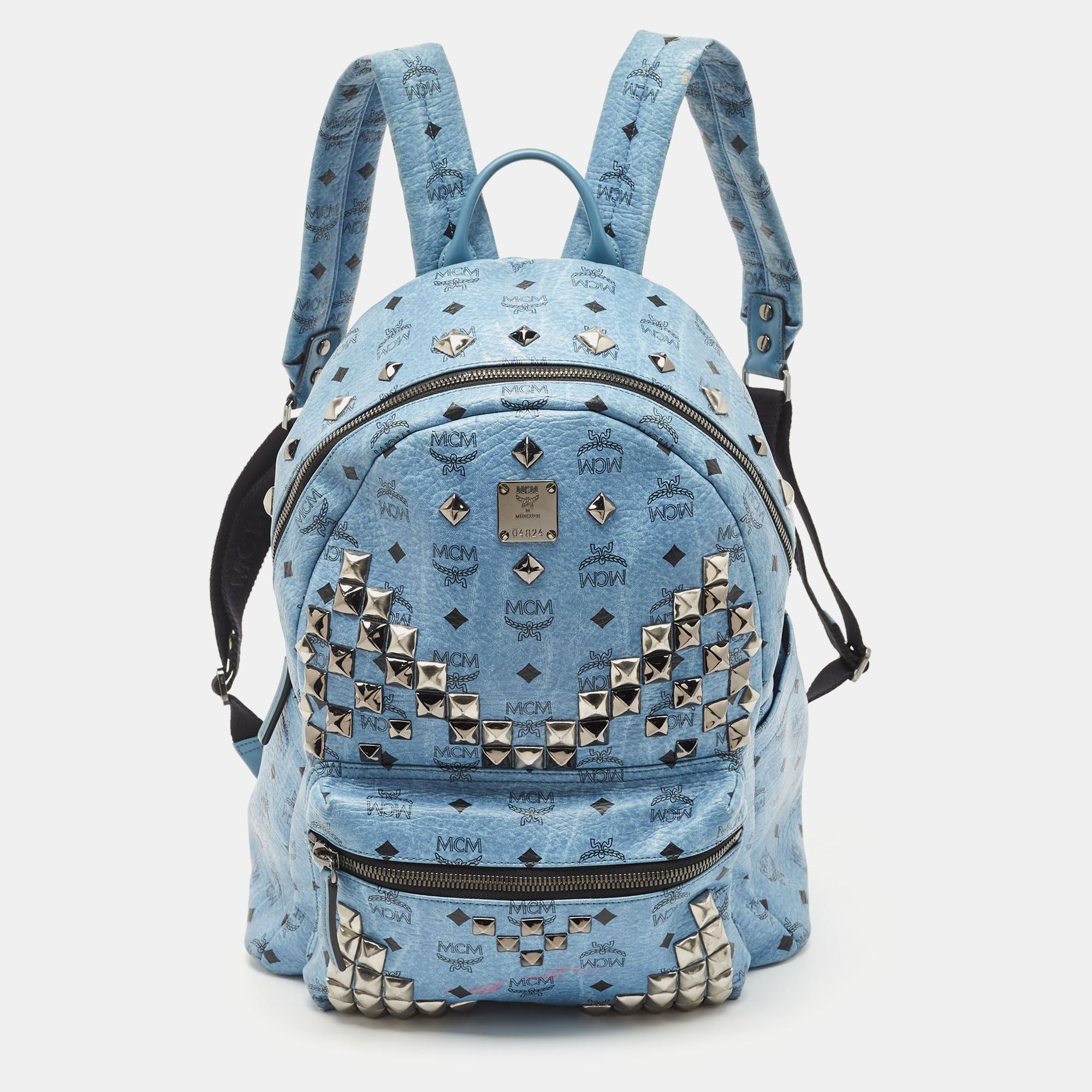 MCM Light Blue Visetos Coated Canvas And Leather Studs Backpack