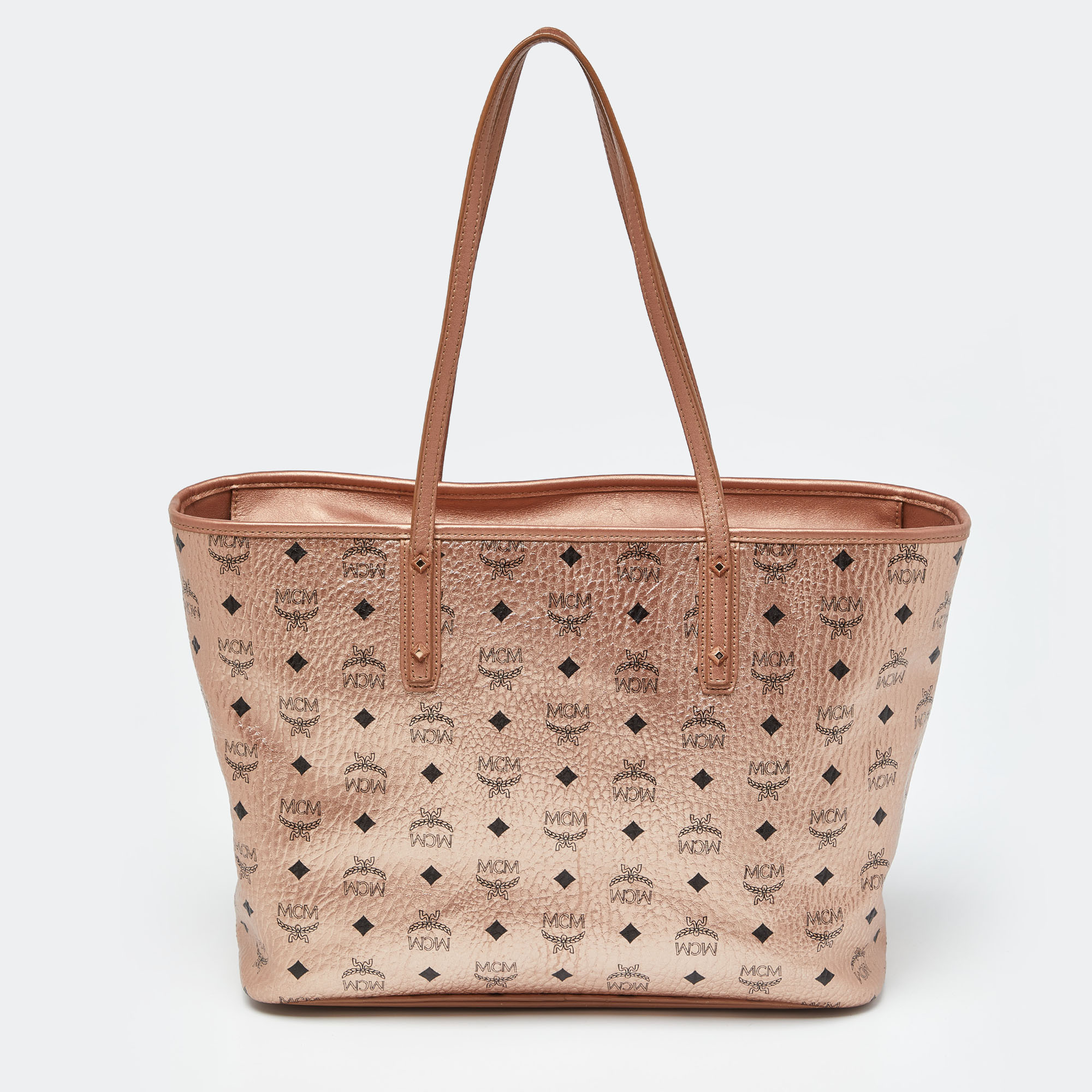MCM Metallic Rose Gold Visetos Coated Canvas And Leather Shopper Tote