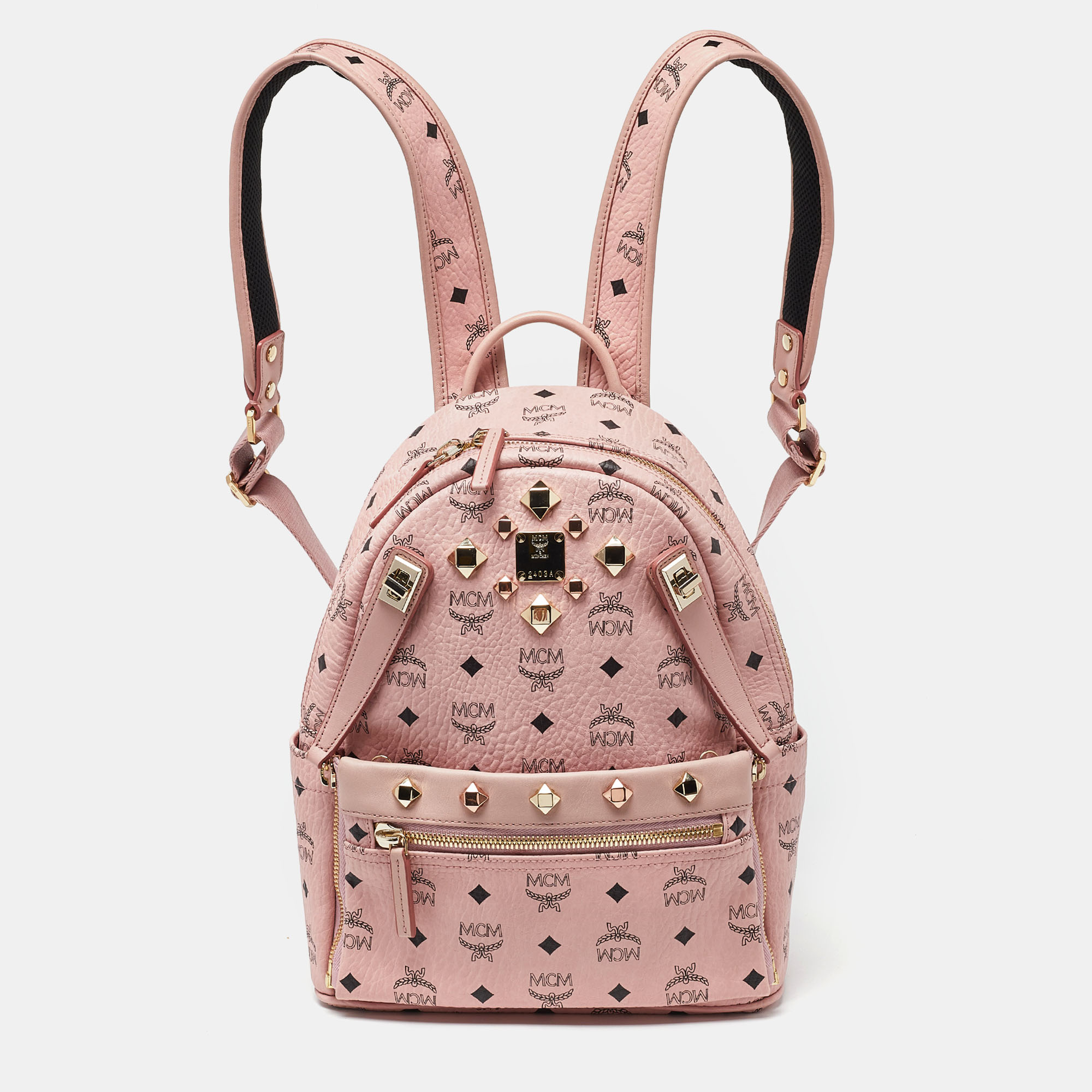 Mcm pink/black visetos coated canvas and leather dual stark backpack