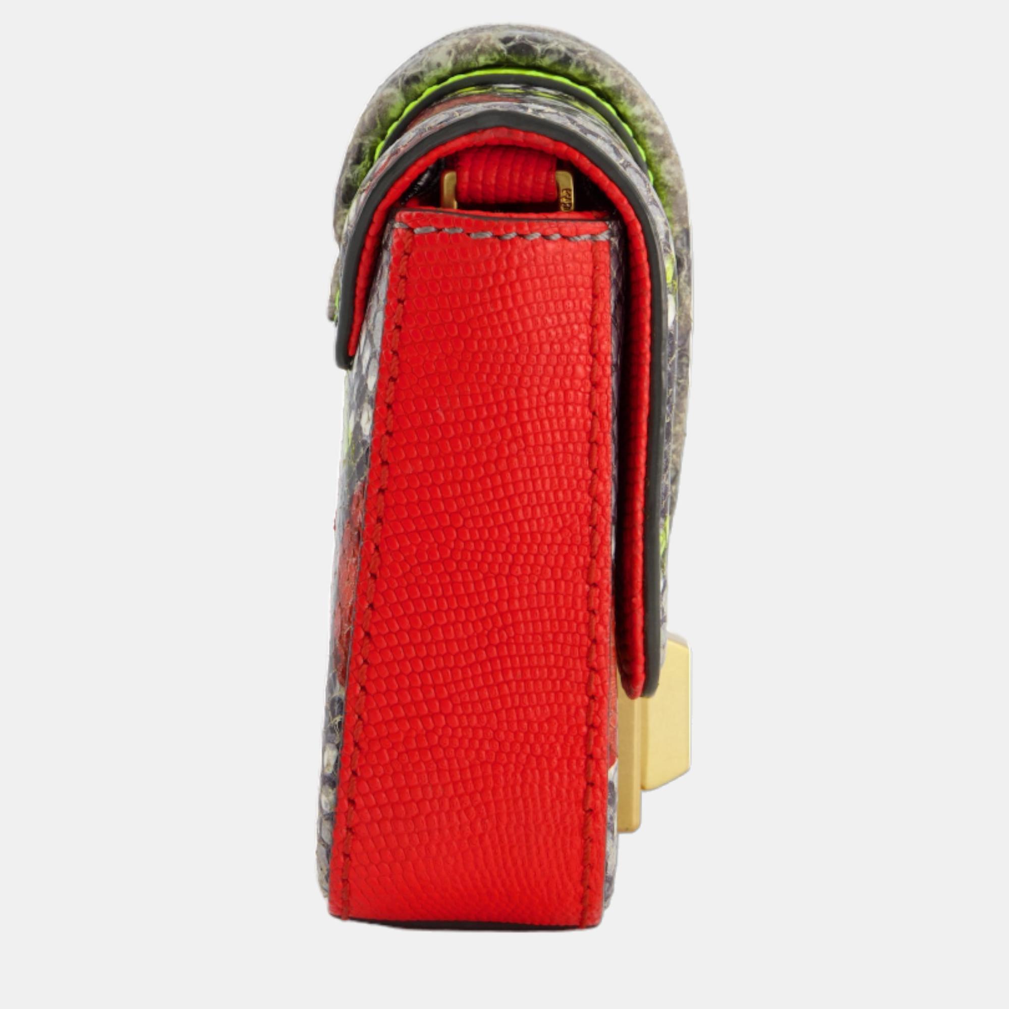 MCM Red & Multicoloured Python Crossbody Chain Bag With Gold Hardware