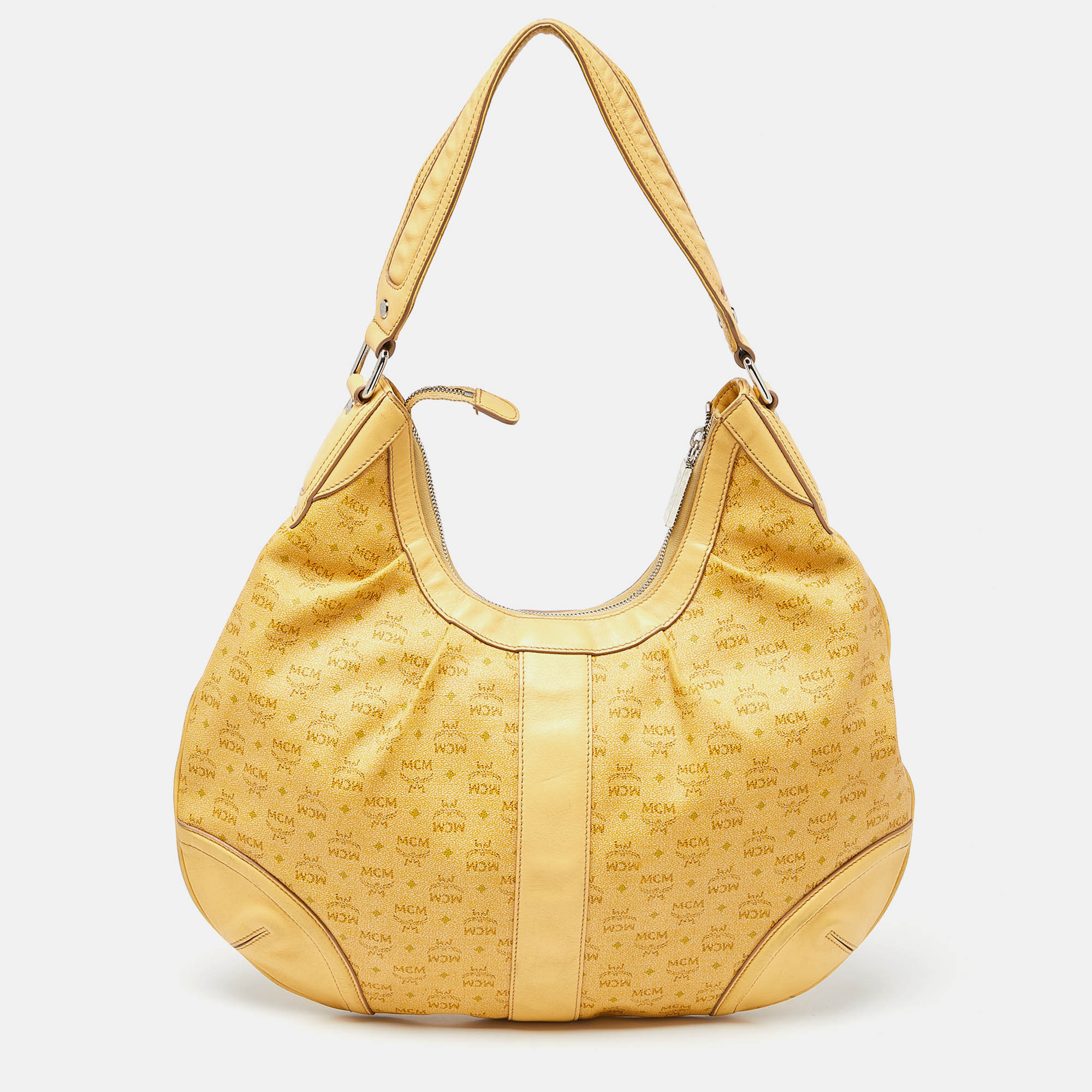 MCM Yellow Visetos Coated Canvas And Leather Hobo