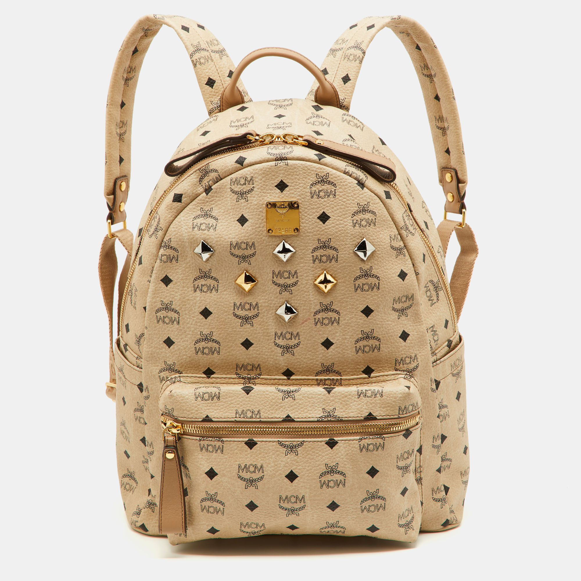 MCM Beige Visetos Coated Canvas And Leather Stark Side Studs Backpack