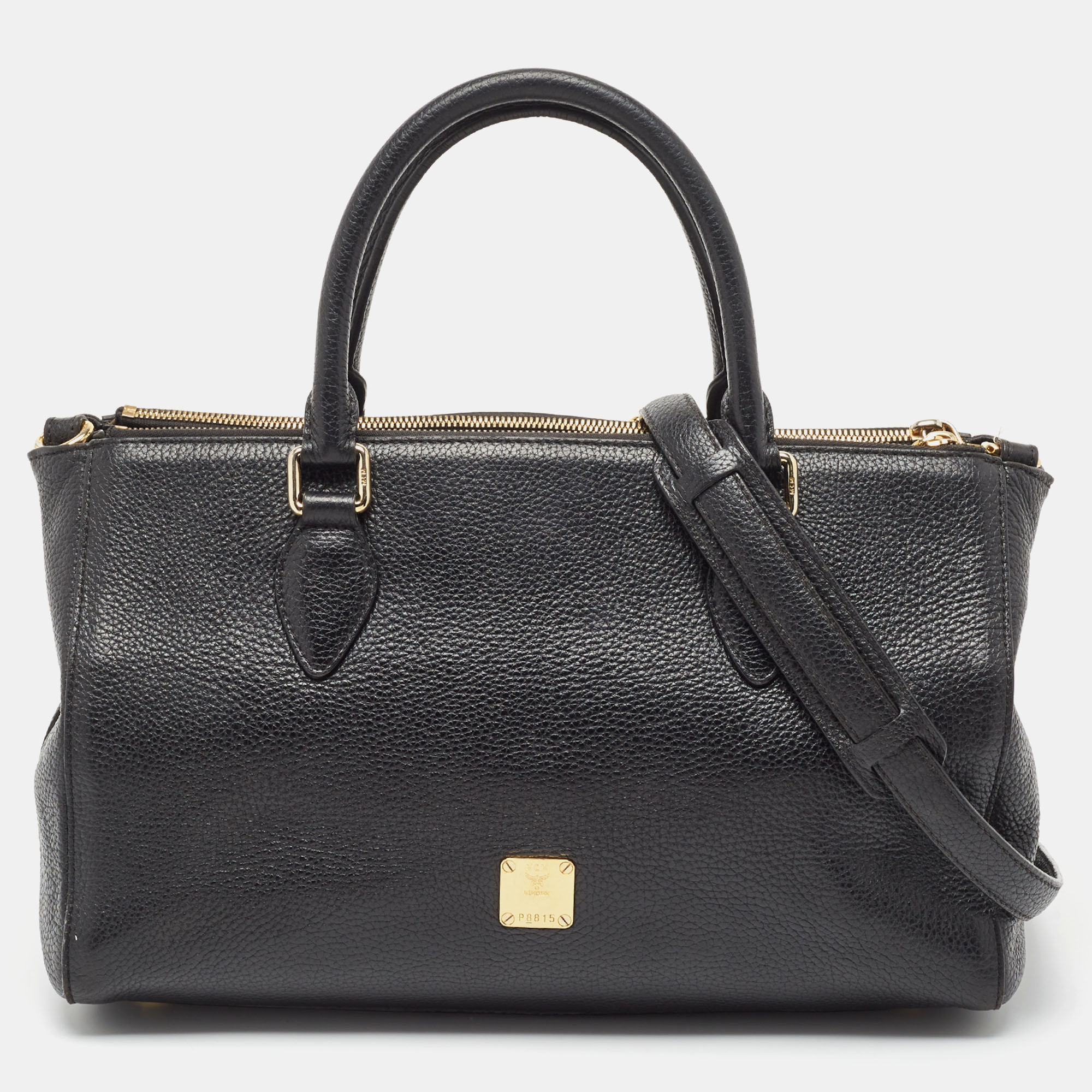Mcm black leather double zip satchel