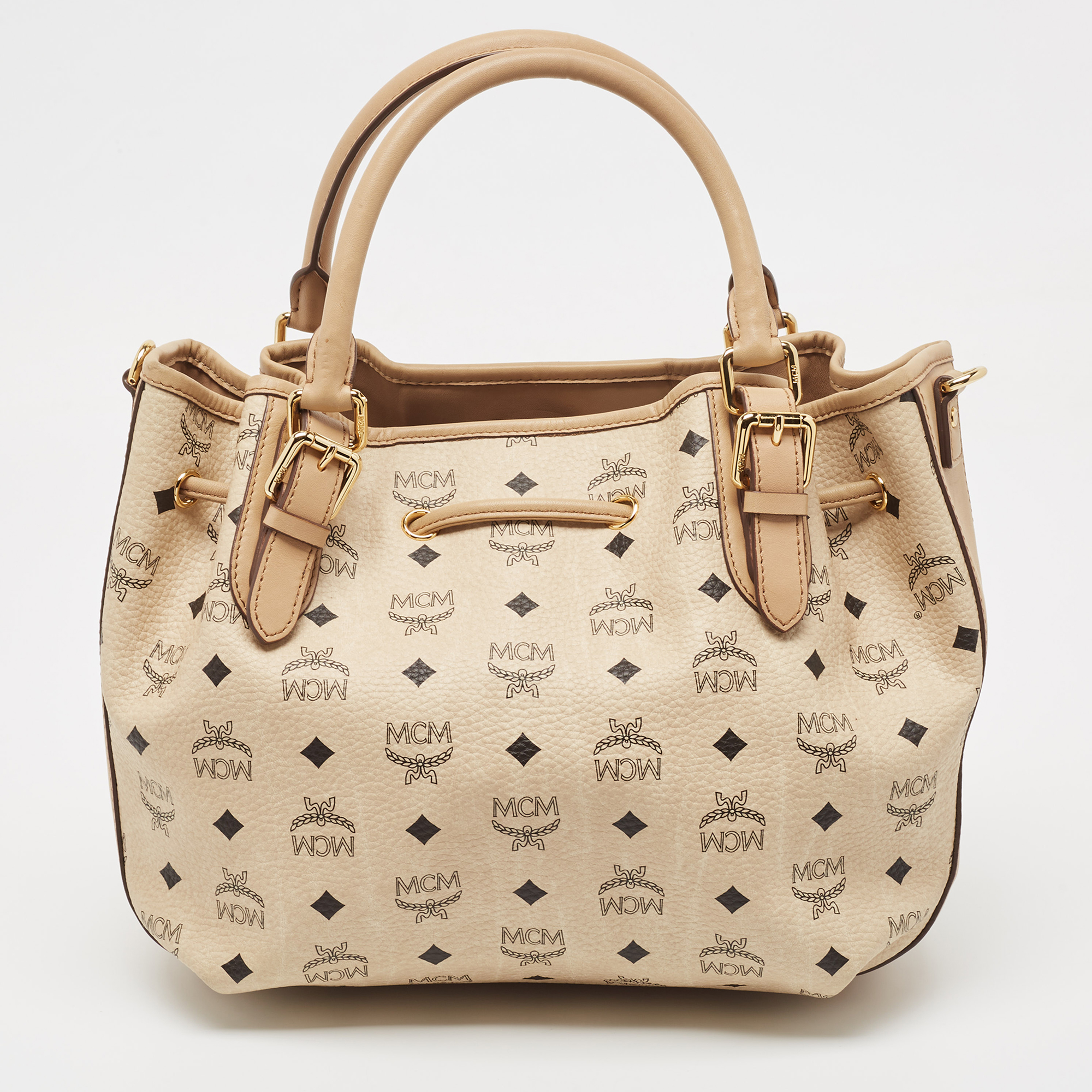 MCM Two Tone Beige Visetos Coated Canvas And Leather Drawstring Tote