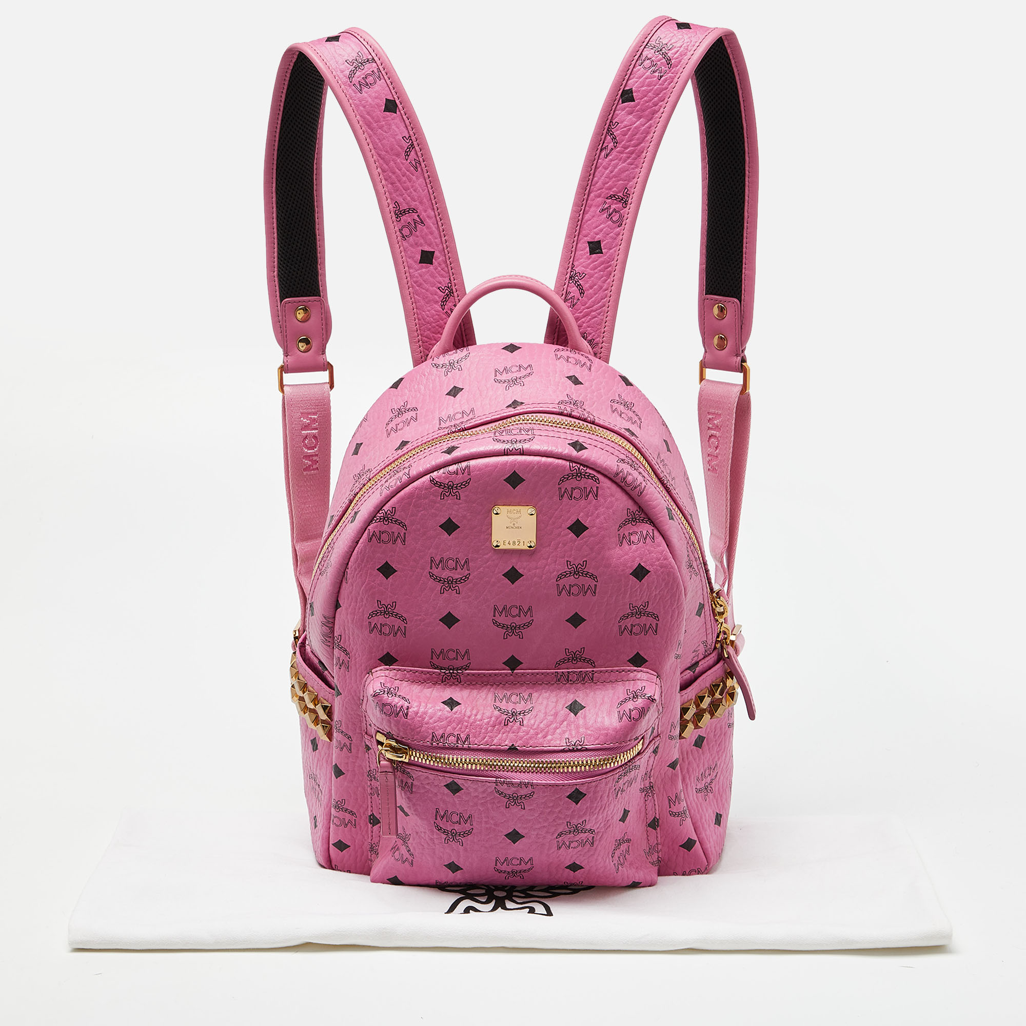 MCM Pink Visetos Coated Canvas Small Studs Stark Backpack