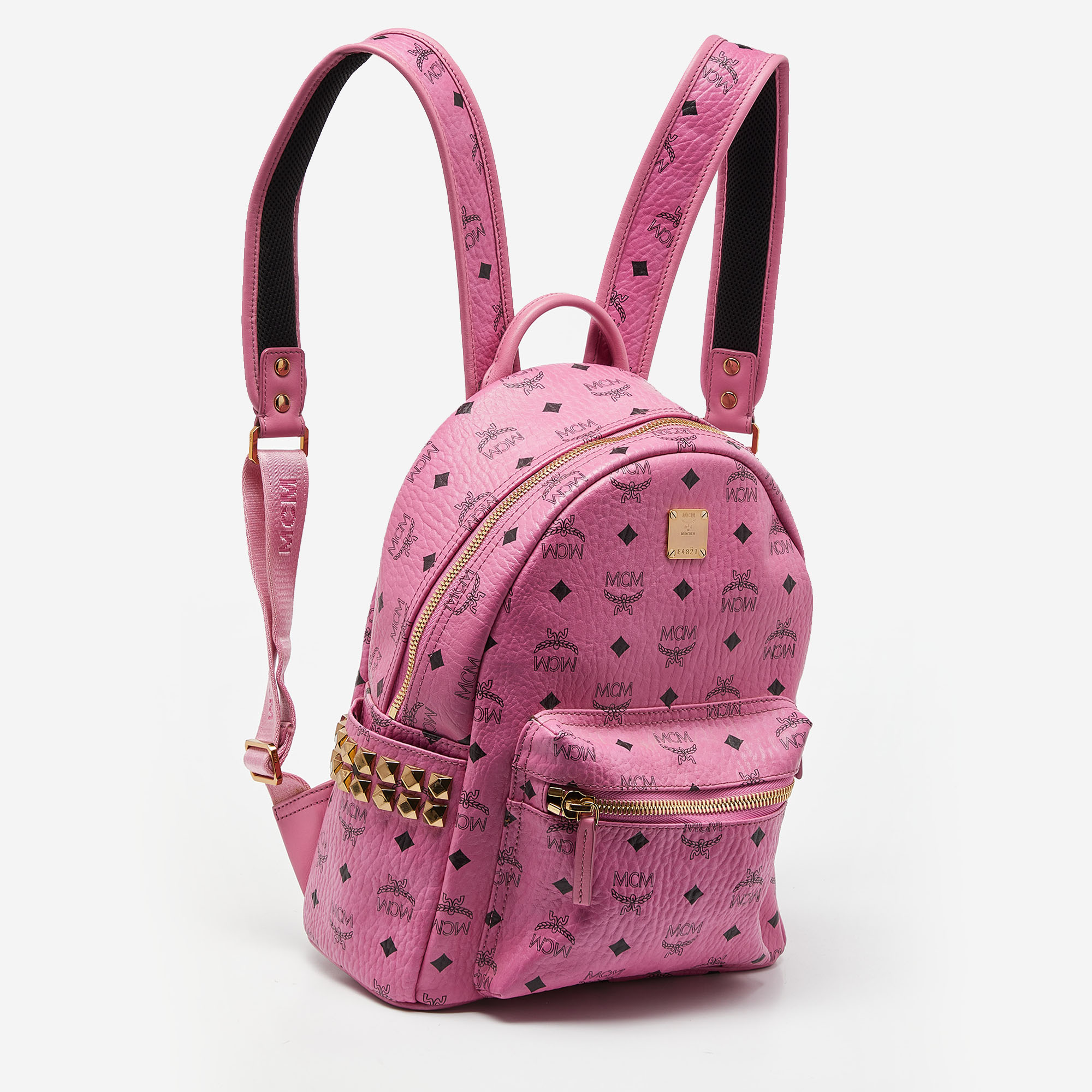 MCM Pink Visetos Coated Canvas Small Studs Stark Backpack