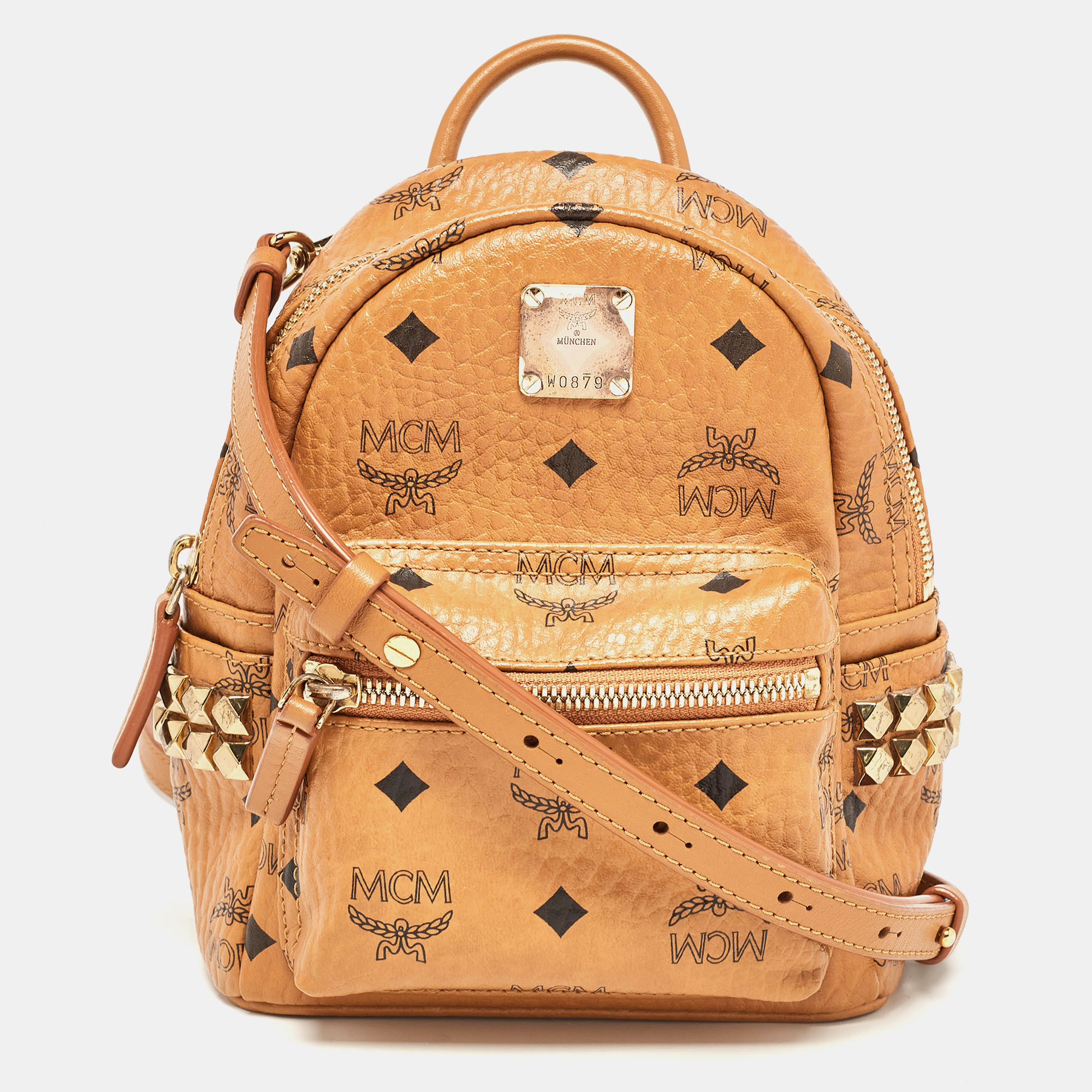 MCM Cognac Visetos Coated Canvas And Leather Mini Studded Stark-Bebe Boo Backpack