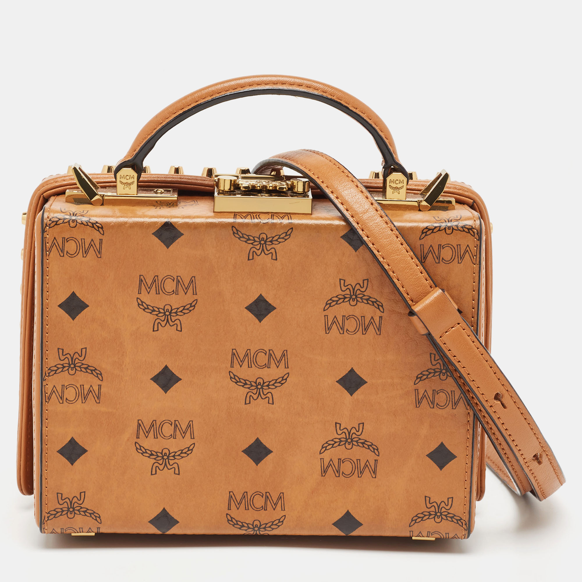 Mcm cognac visetos coated canvas and leather berlin box bag