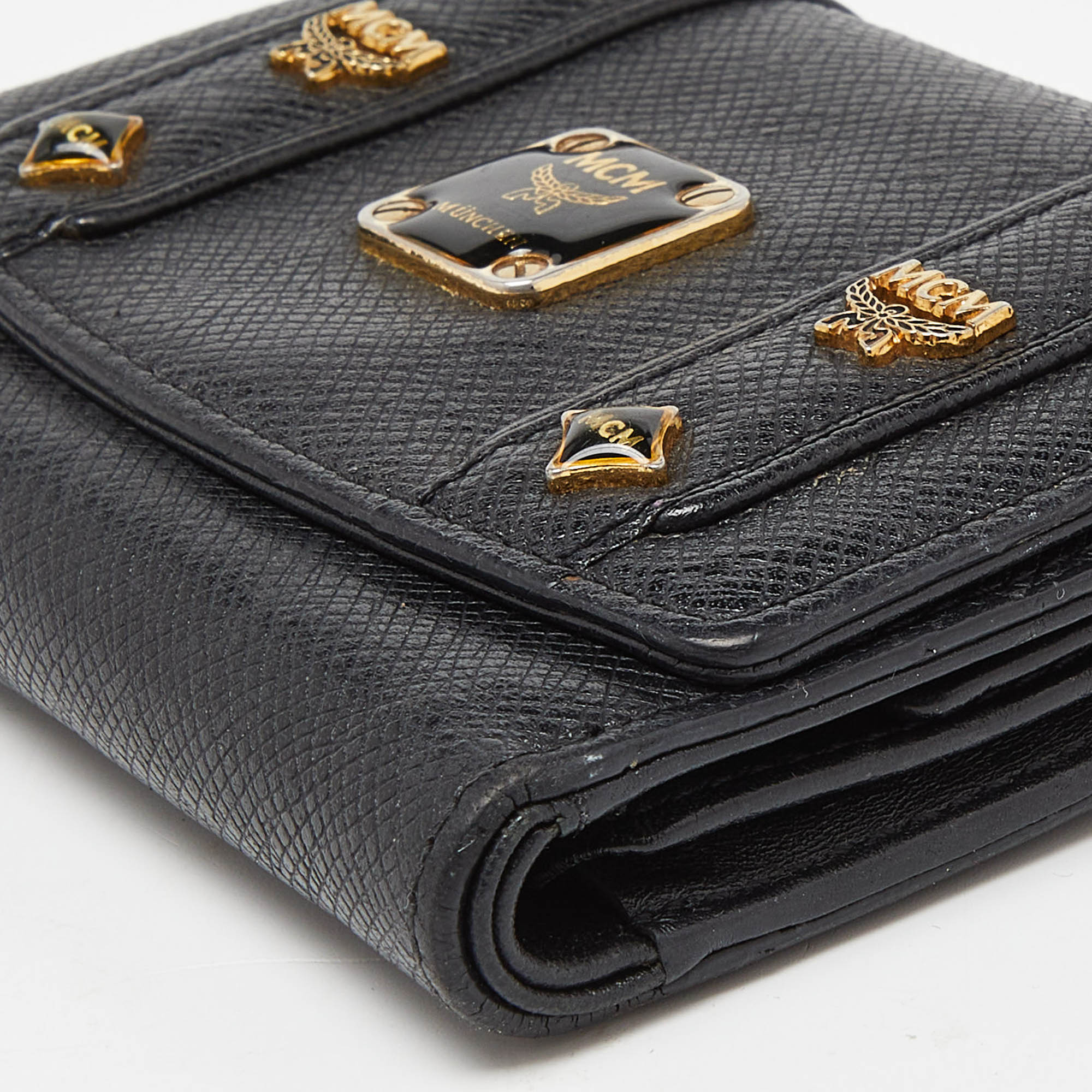 MCM Black Leather Studded Charm Trifold Wallet