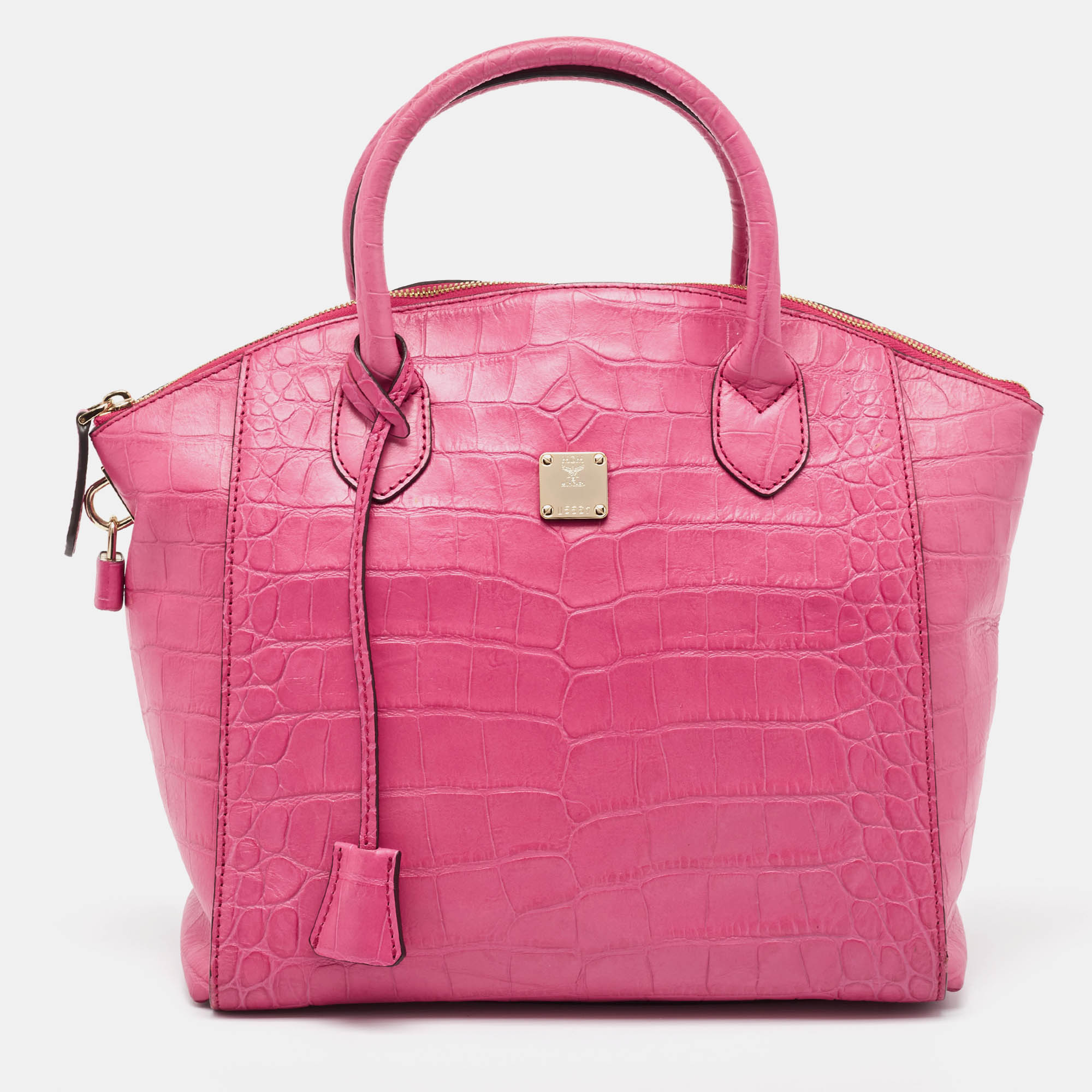 Mcm pink croc embossed leather zip satchel