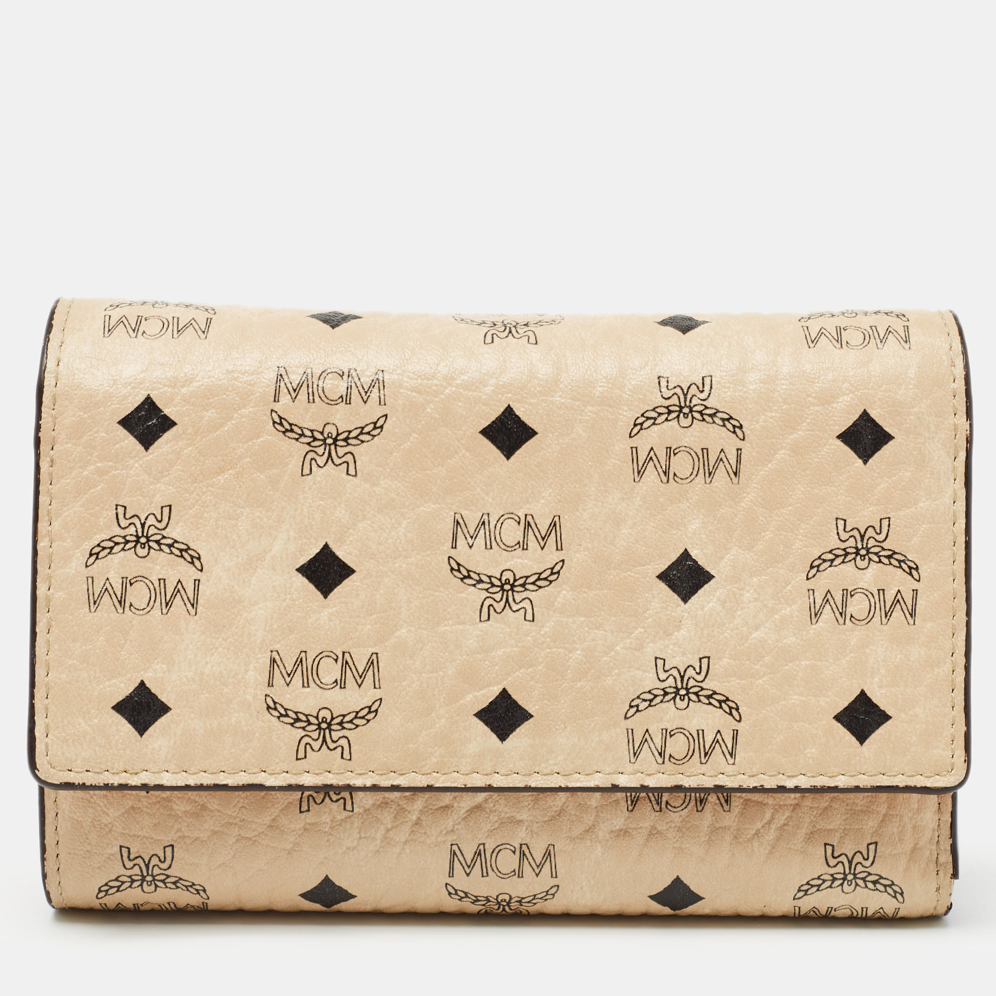 Mcm beige/peach visetos coated canvas and leather  trifold wallet