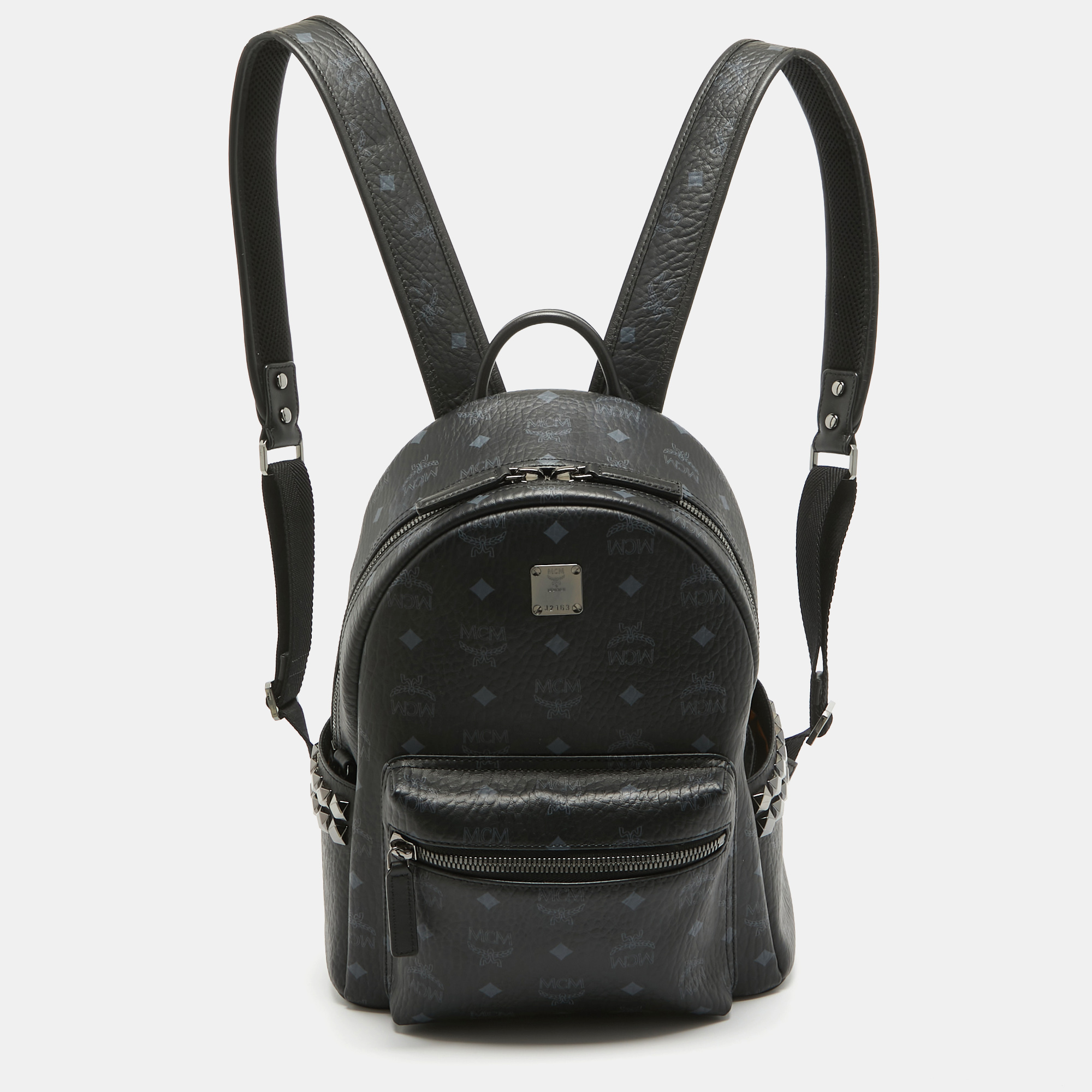 Mcm black visetos coated canvas small stark studded backpack