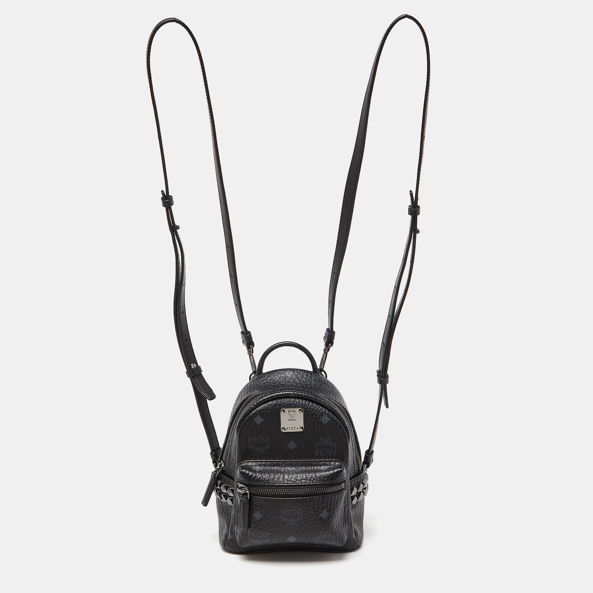 Mcm black visetos coated canvas and leather mini studded stark-bebe boo backpack