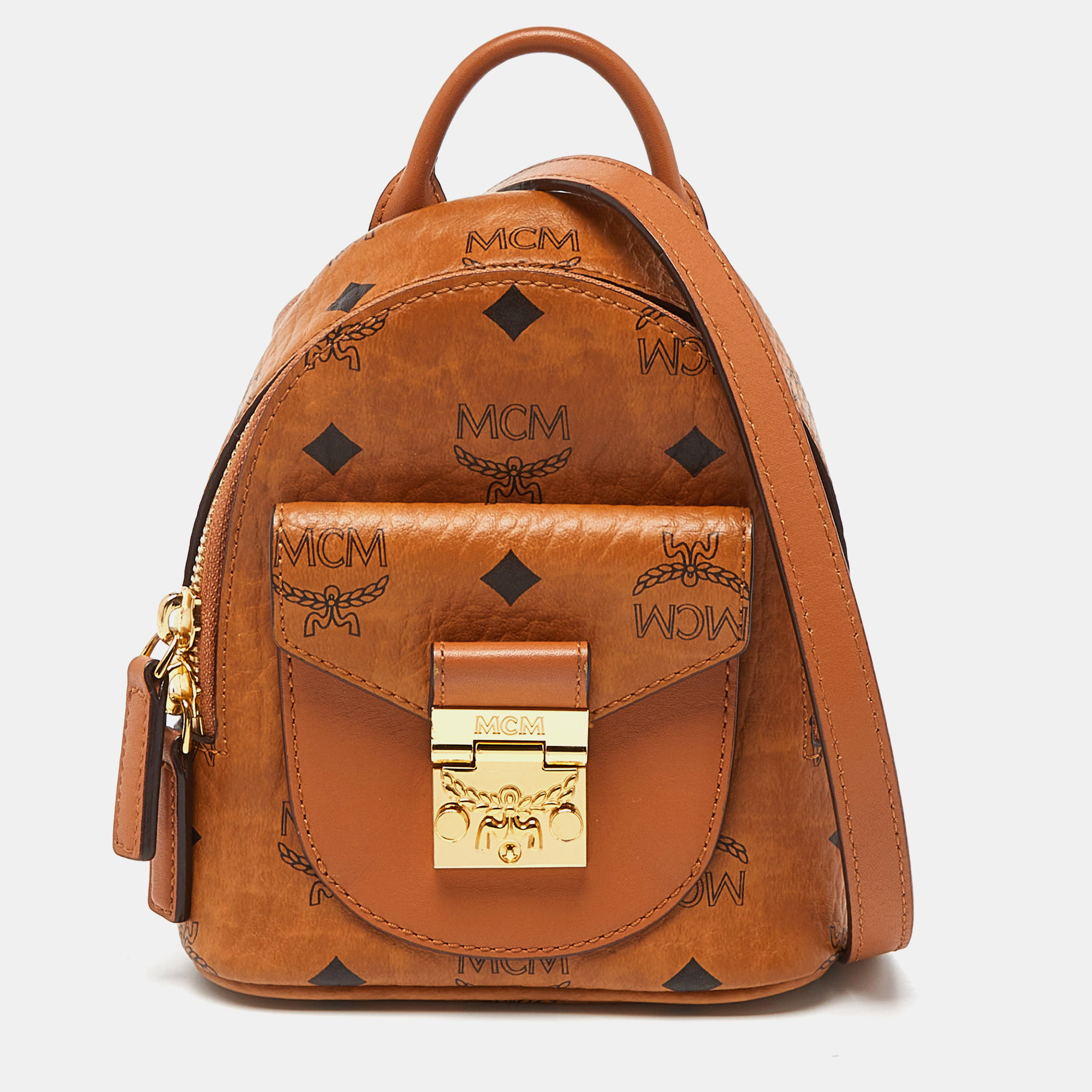 Mcm cognac visetos coated canvas and leather mini patricia backpack