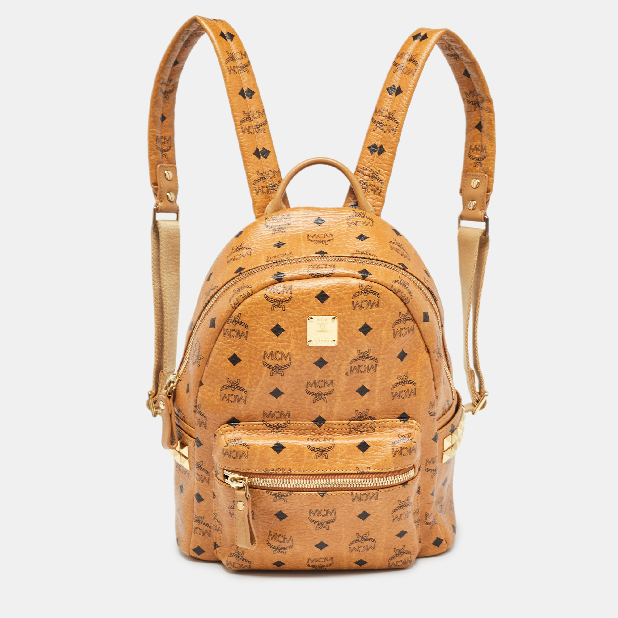 Mcm cognacn visetos coated canvas and leather studs stark backpack