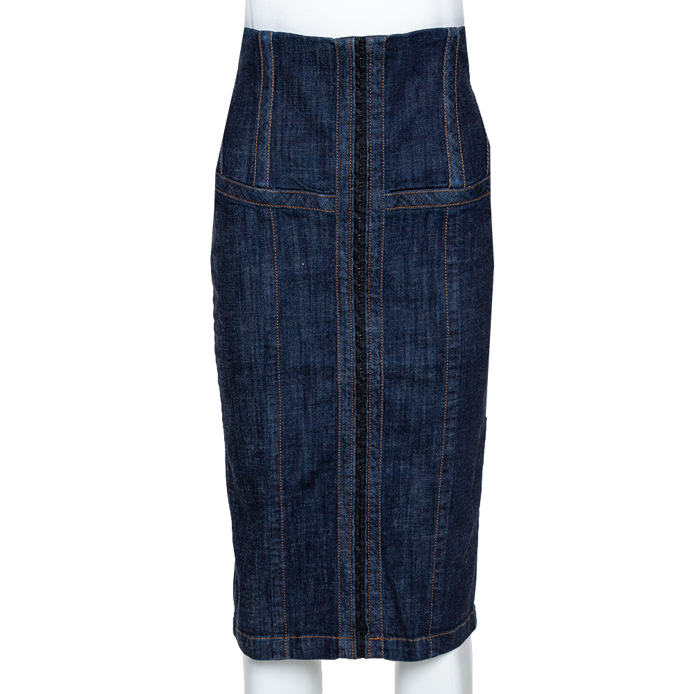 Image of McQ by Alexander McQueen Indigo Denim Corset Waist Detail Pencil Skirt S