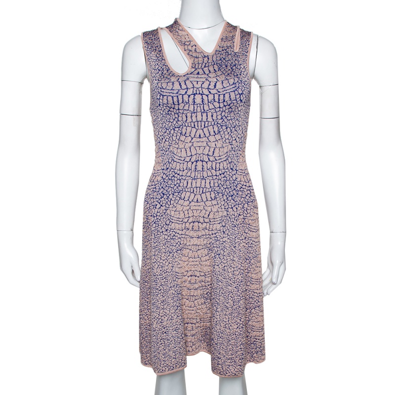 McQ By Alexander McQueen Pink And Blue Crocodile Patterned Jacquard Fit And Flare Dress XS