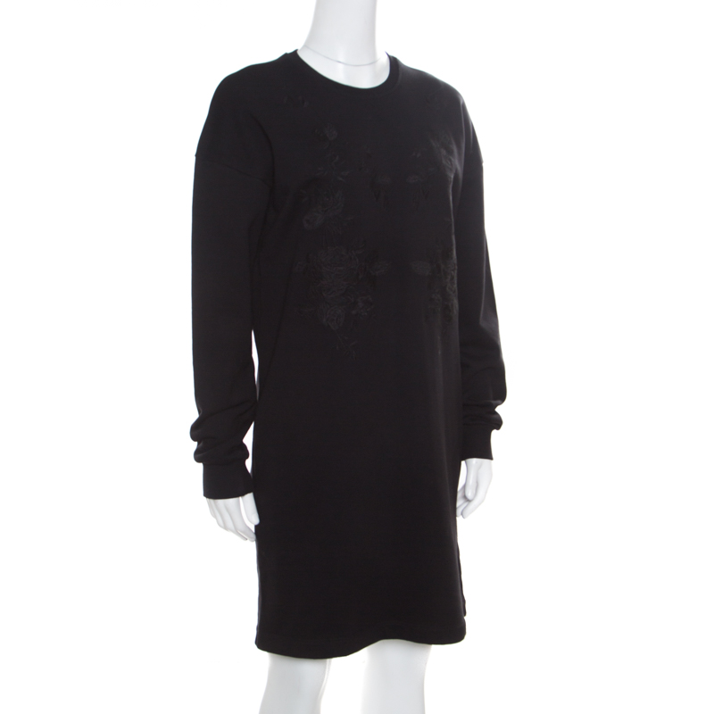 McQ by Alexander McQueen Black Cotton Stretch Rose Tonal Embroidered Sweater Dress XS