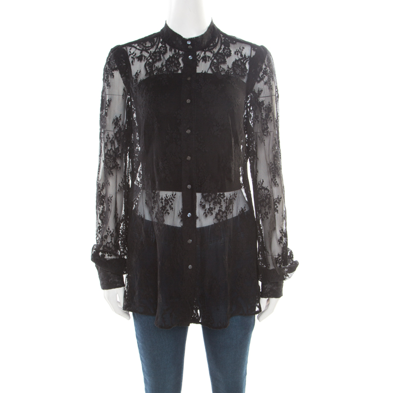 Image of McQ By Alexander McQueen Black Floral Lace Long Sleeve Blouse L