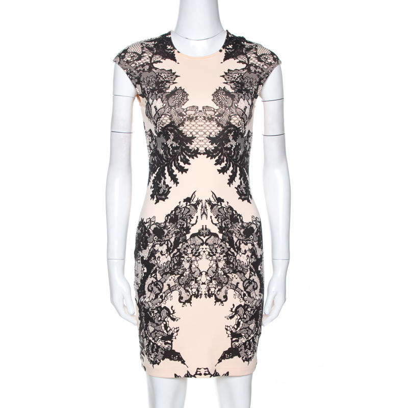 Mcq by alexander mcqueen bicolor lace printed jersey fitted dress xs
