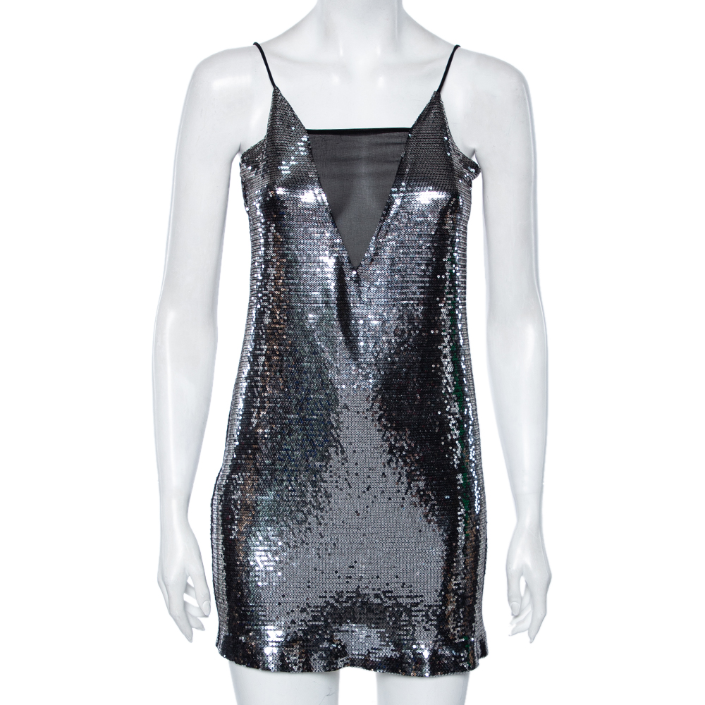 McQ by Alexander McQueen Silver Embellished Paillettes Slip Dress S