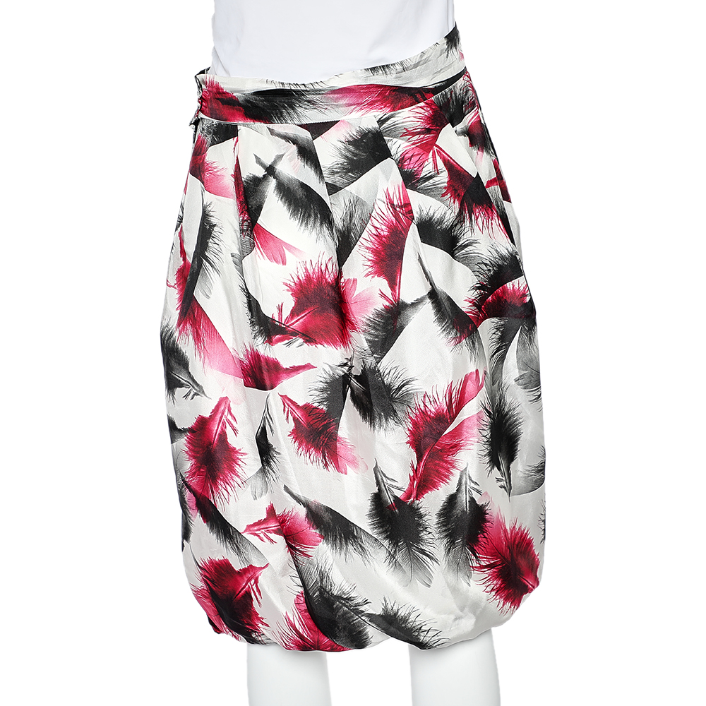 McQ By Alexander McQueen White Feather Printed Silk Pleated Balloon Skirt L