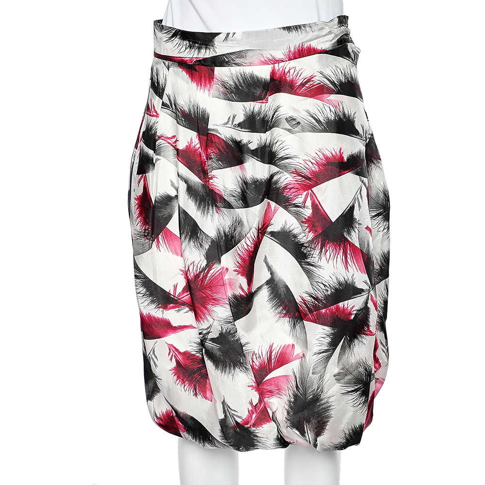 

McQ by Alexander McQueen White Feather printed Silk Pleated Balloon Skirt