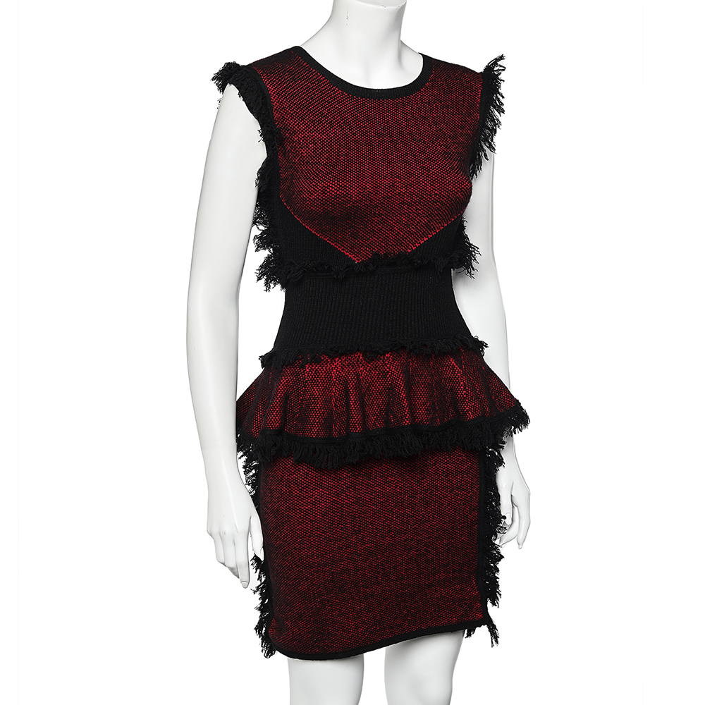 

McQ by Alexander McQueen Red & Black Tweed Knit Fringed Detail Mini Dress