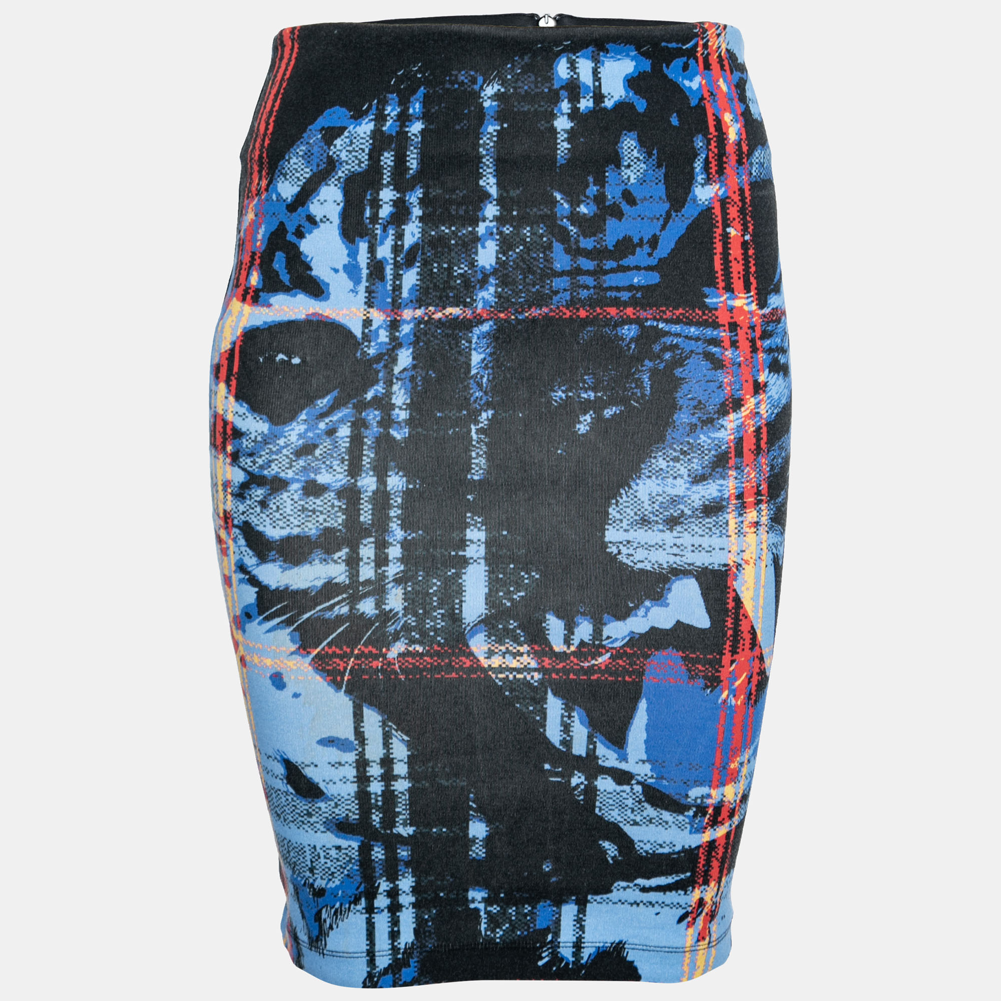McQ By Alexander McQueen Black & Blue Printed Cotton Pencil Skirt S
