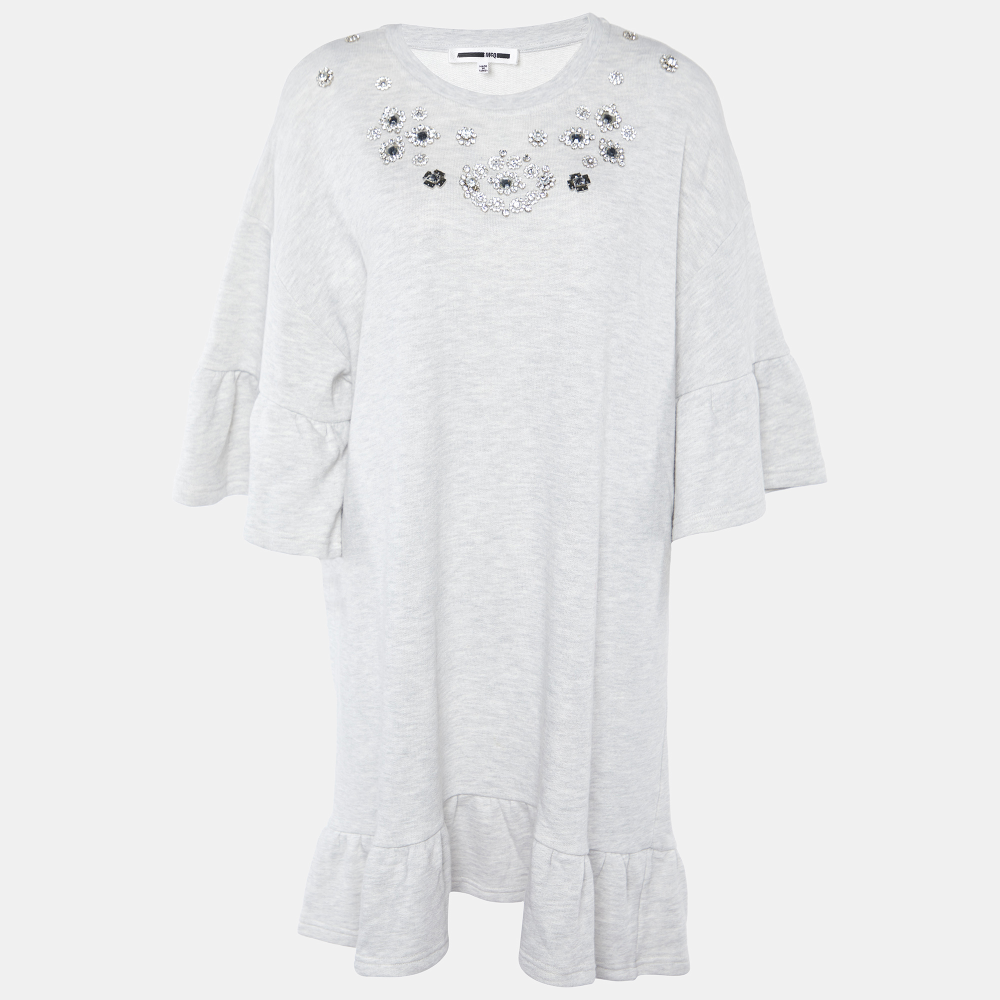 McQ By Alexander McQueen Grey Cotton Crystal Embellished Mini Dress M