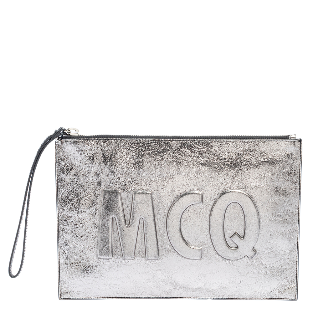 MCQ by Alexander McQueen Metallic Silver Leather Wristlet Clutch