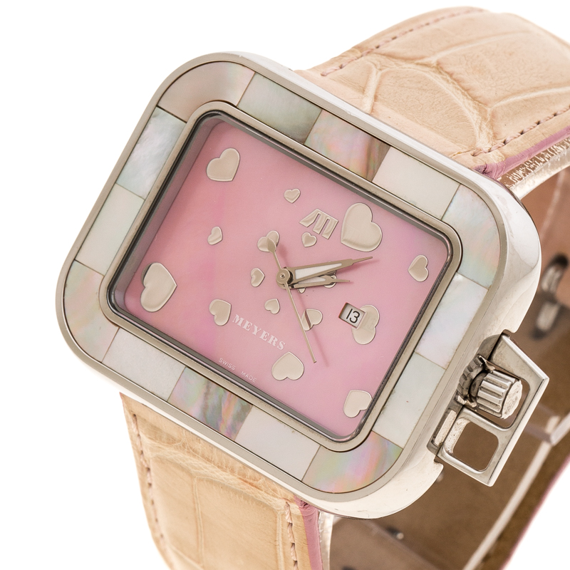 Meyers Pink Mother of Pearl Stainless Steel Women&#039;s Wristwatch 42MM