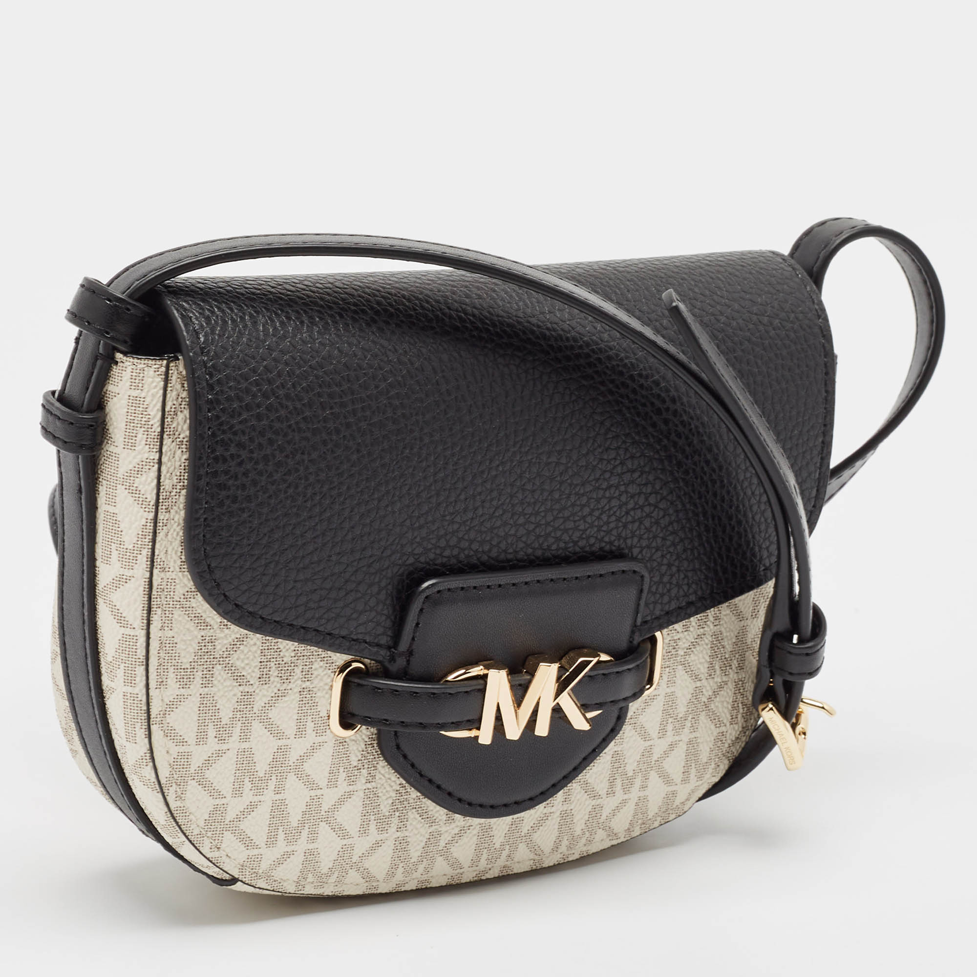 Michael Kors Black/White Signature Coated Canvas And Leather Reed Crossbody Bag