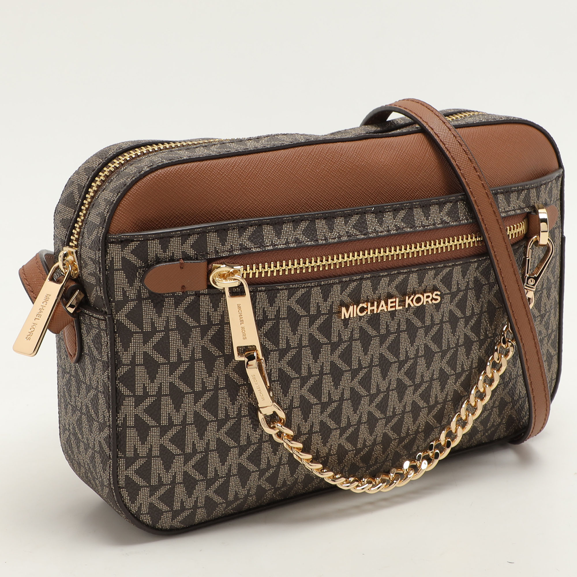 Michael Kors Brown Signature Coated Canvas And Leather Jet Set Crossbody Bag