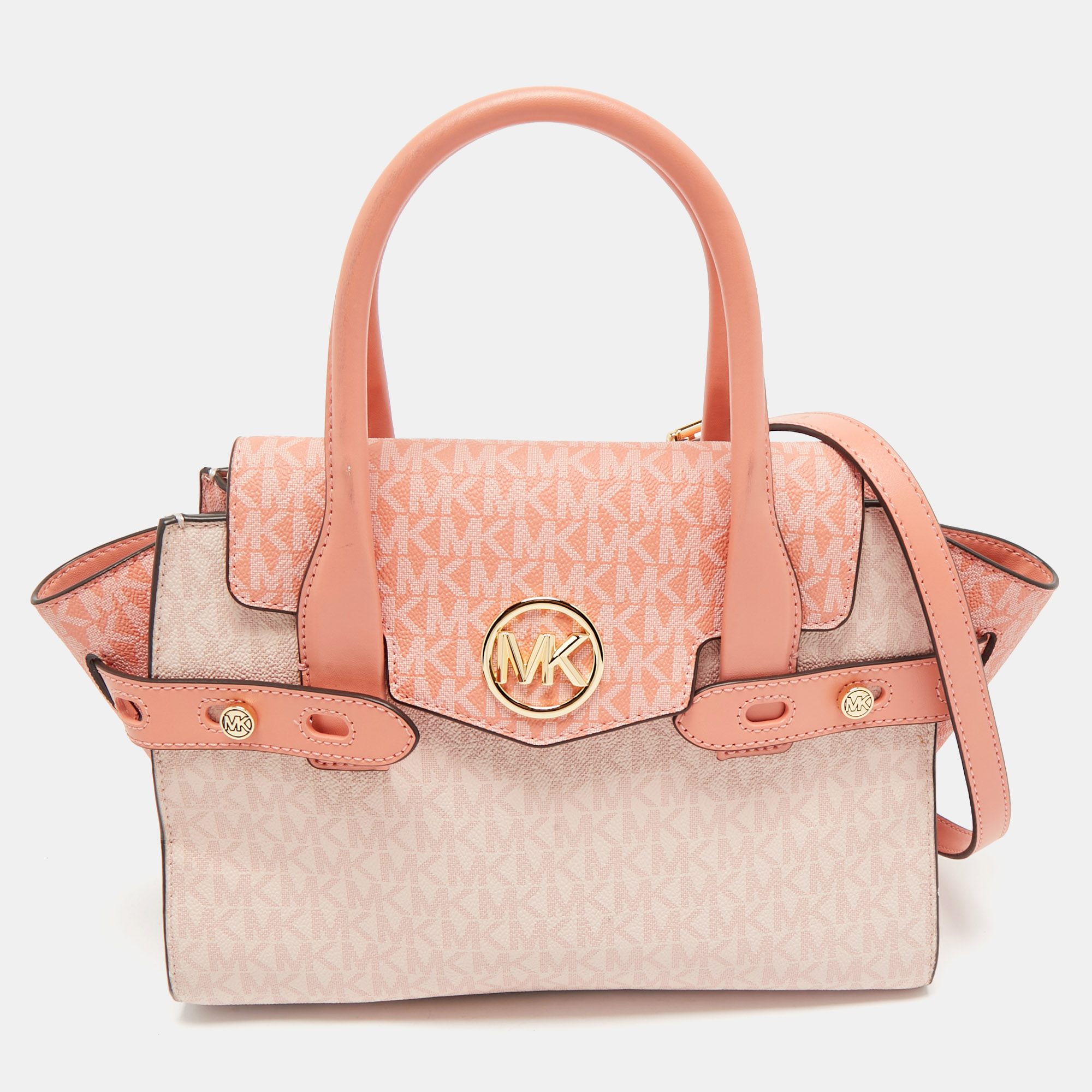 Michael Kors Pink/Peach Signature Coated Canvas Carmen Flap Satchel
Michael Kors Pink/Peach Signature Coated Canvas Carmen Flap Satchel
