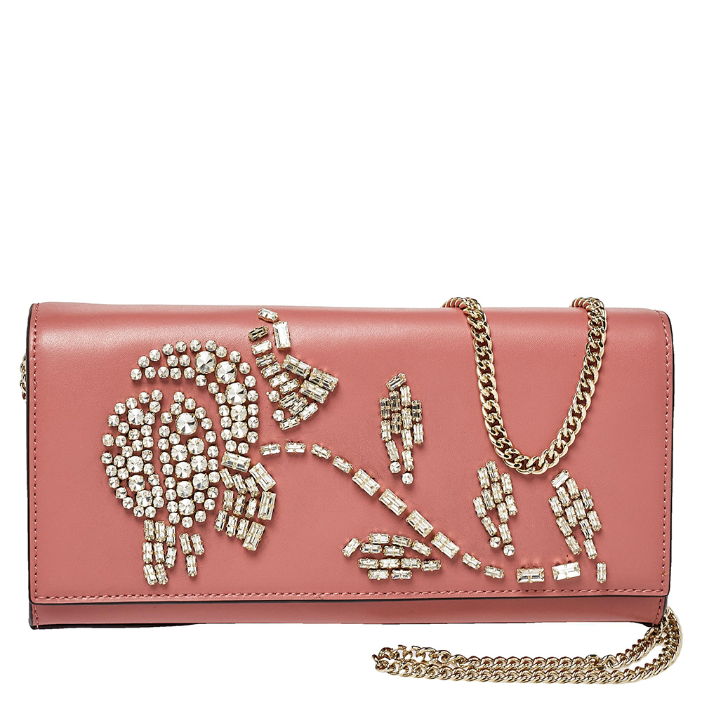 Michael Kors Pink Leather Bellamie Crystal Embellished Chain Clutch