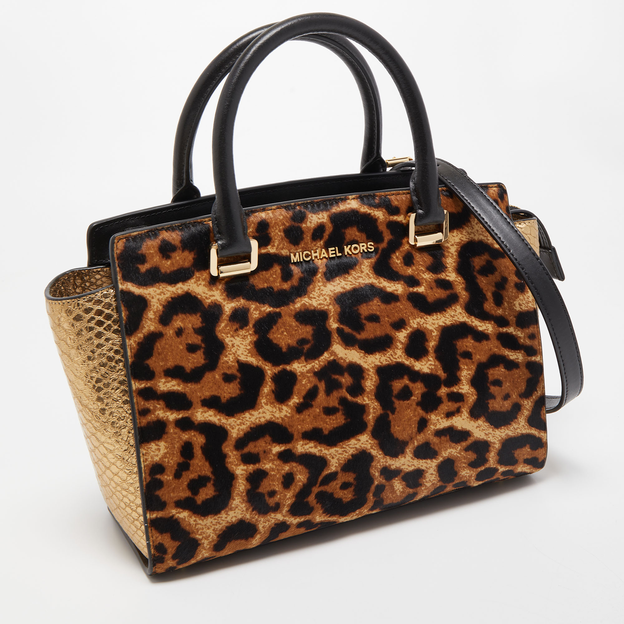 

Michael Kors Multicolor Leopard Calf Hair and Python Effect Medium Selma Satchel, Brown