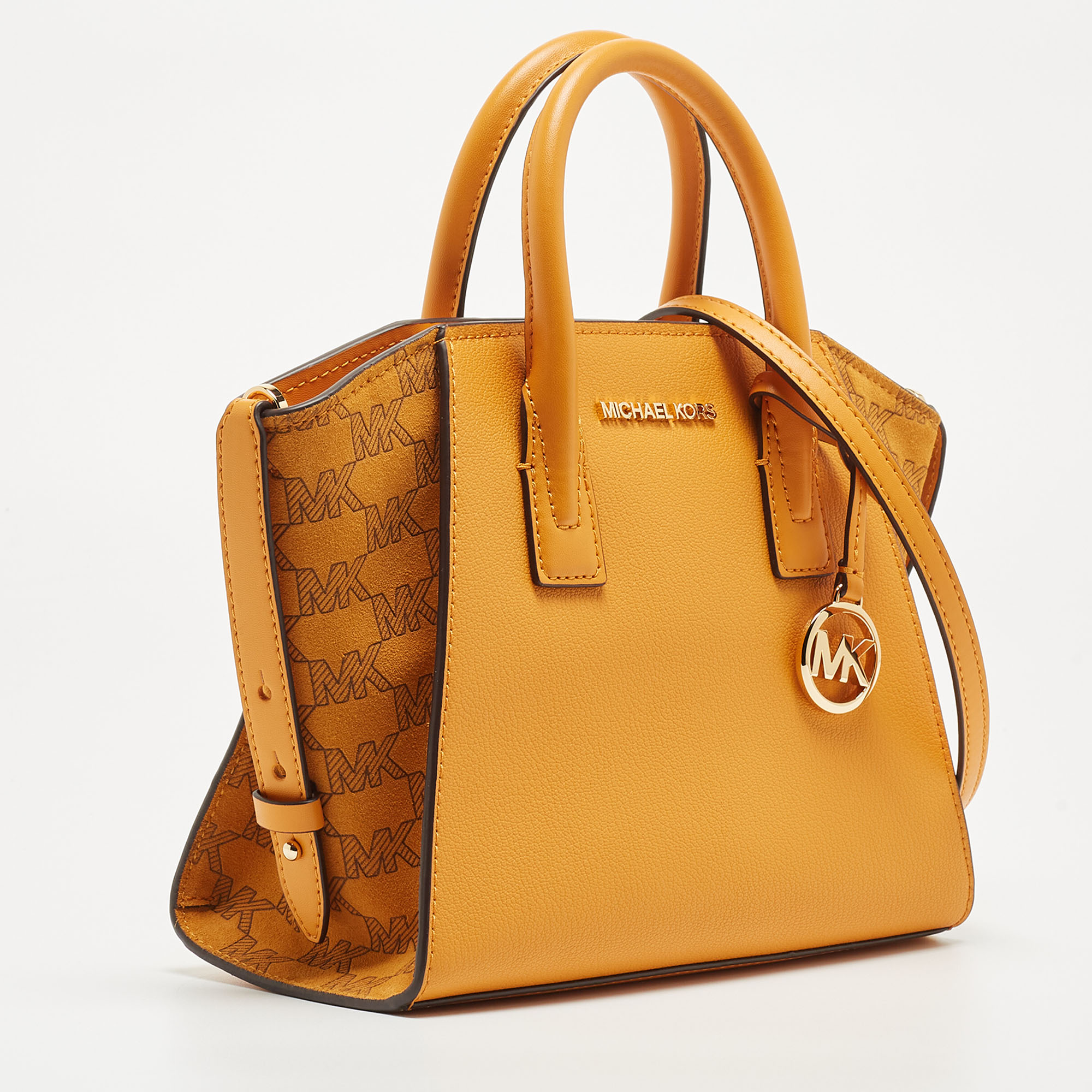 Michael Kors Mustard Signature Leather And Suede Small Avril Satchel