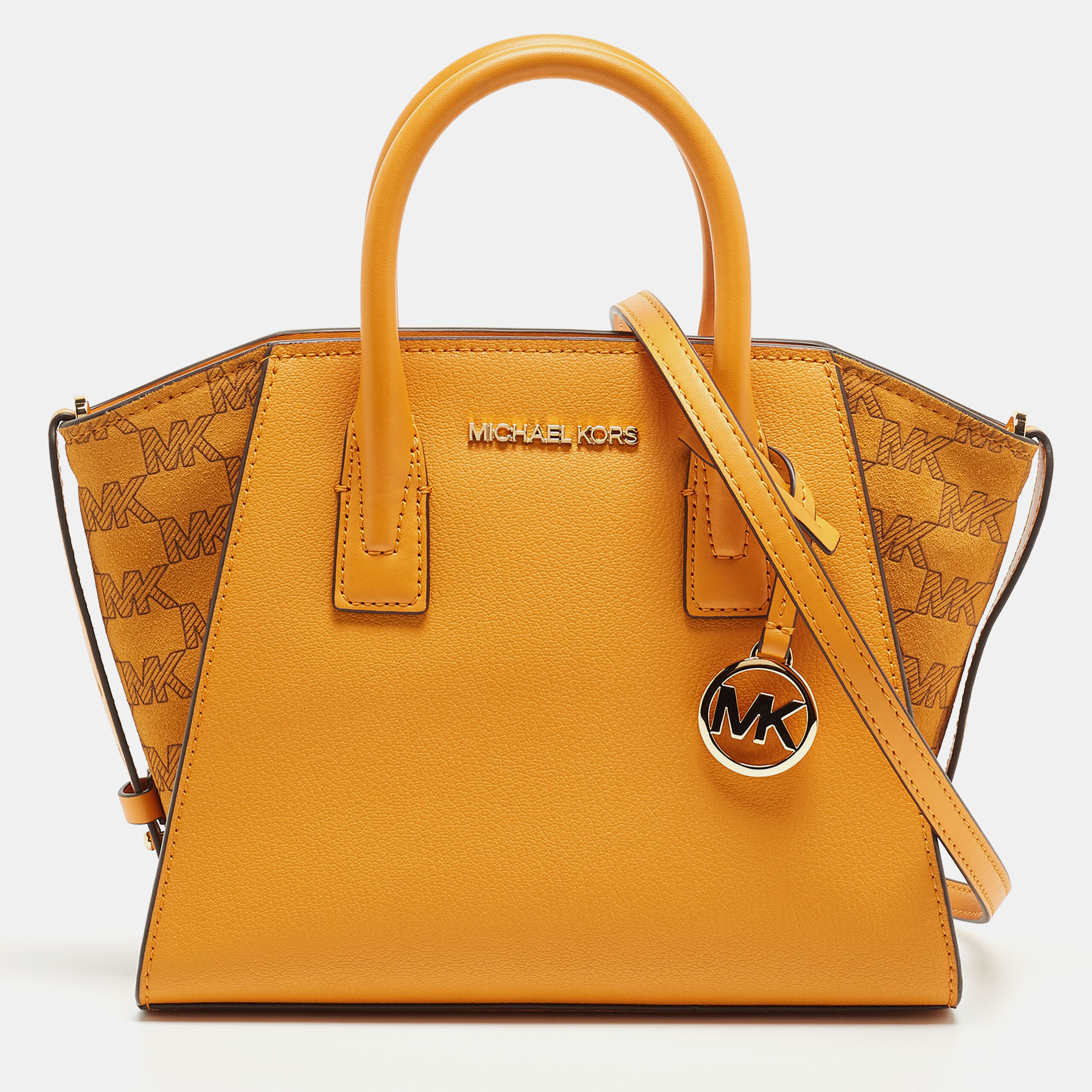 Michael Kors Mustard Signature Leather And Suede Small Avril Satchel