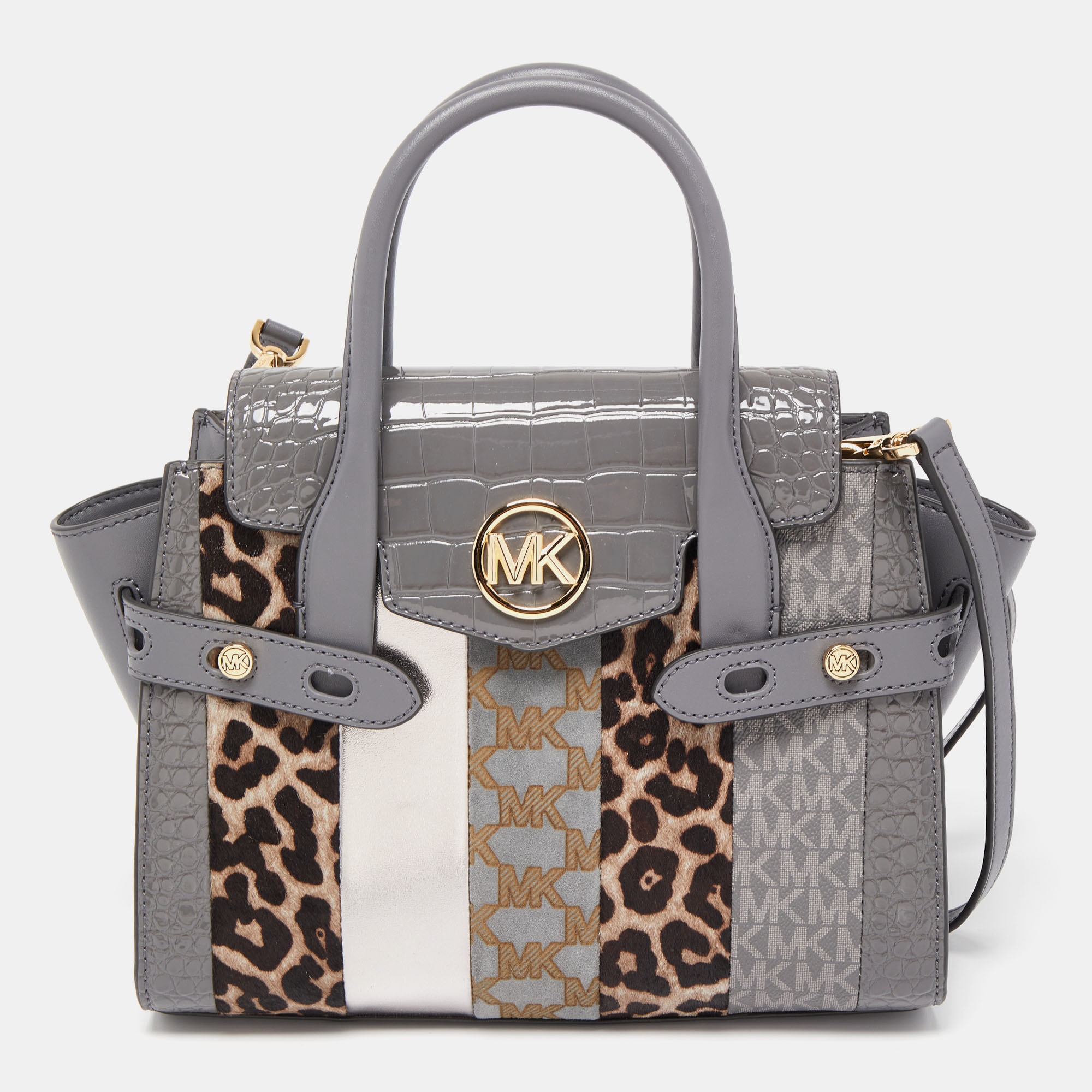 Michael Kors Grey/Multicolor Exotic Embossed Patent Leather Medium Carmen Flap Satchel