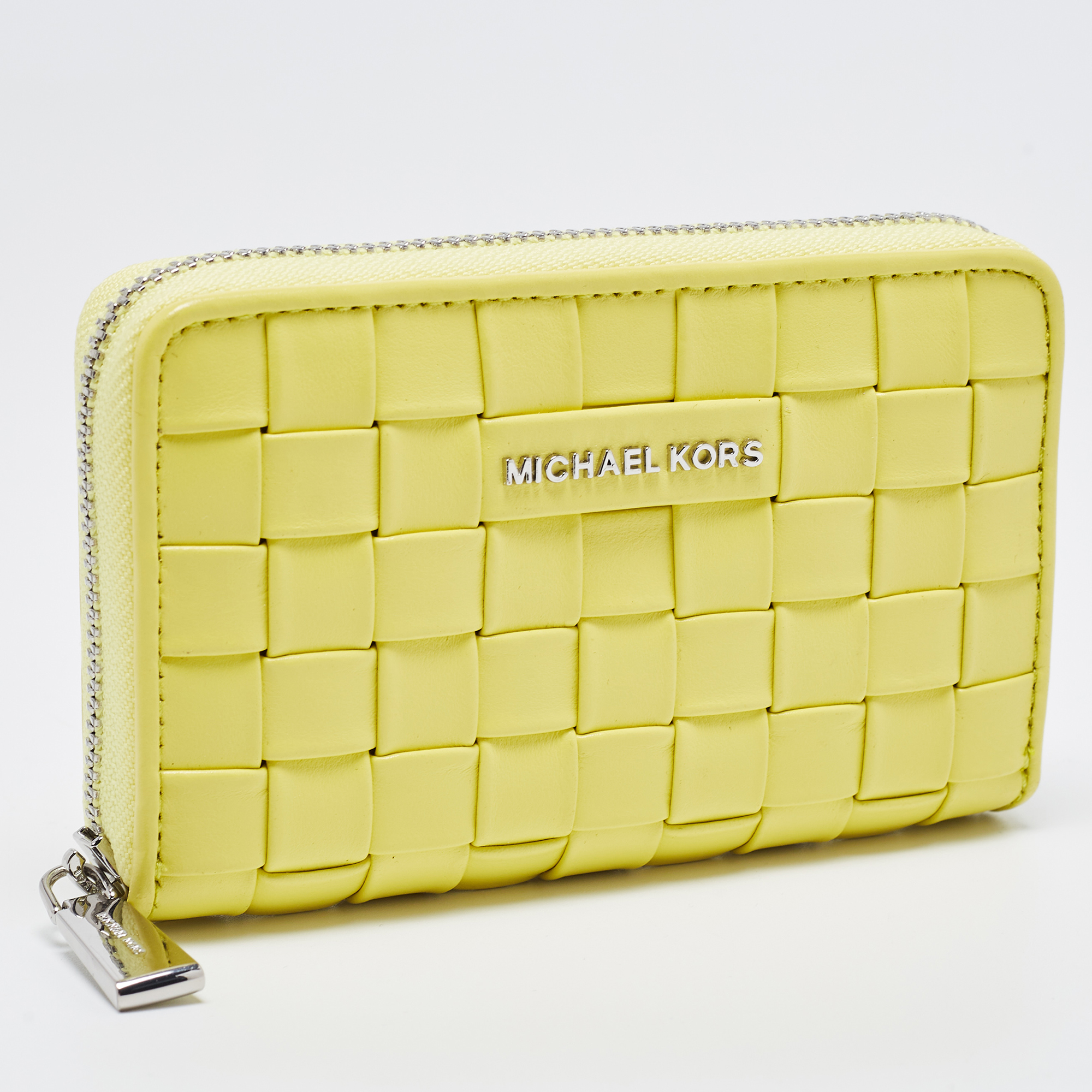 Michael Kors Yellow Intrecciato Leather Zip Around Compact Wallet
