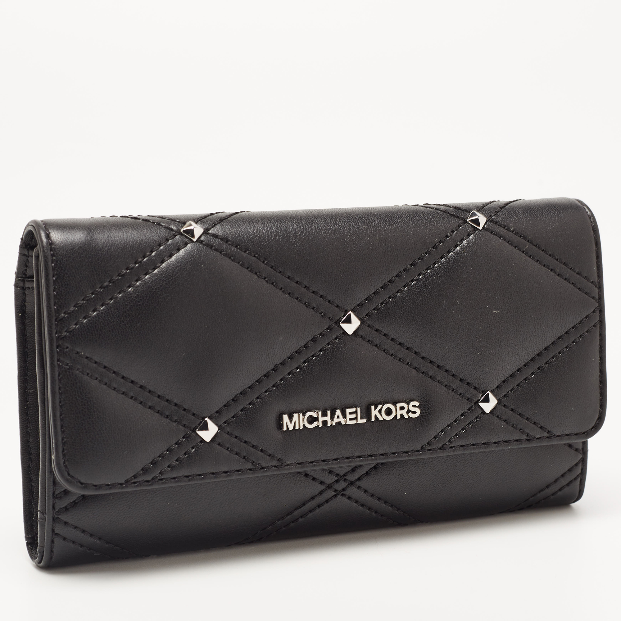 Michael Kors Black Quilted Leather Jet Set Travel Trifold Continental  Wallet