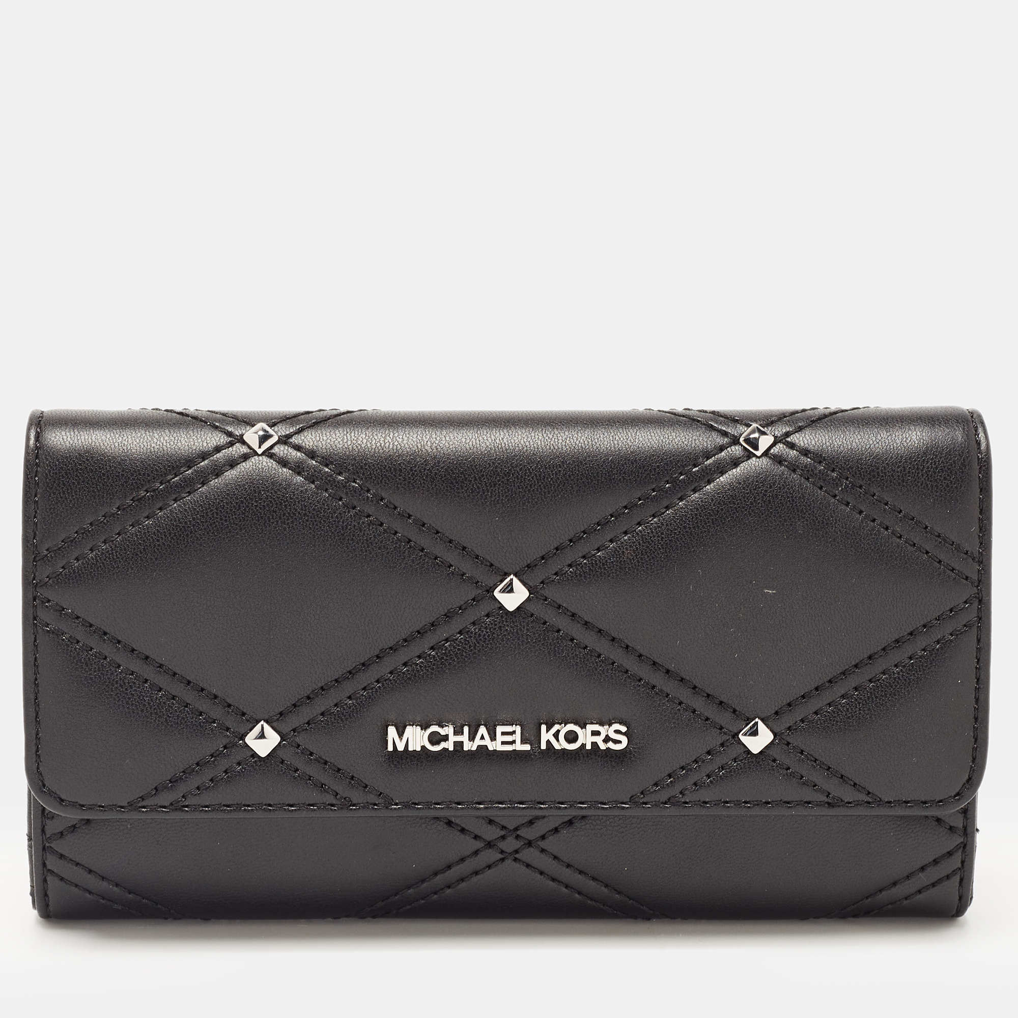 Michael Kors Black Quilted Leather Jet Set Travel Trifold Continental  Wallet